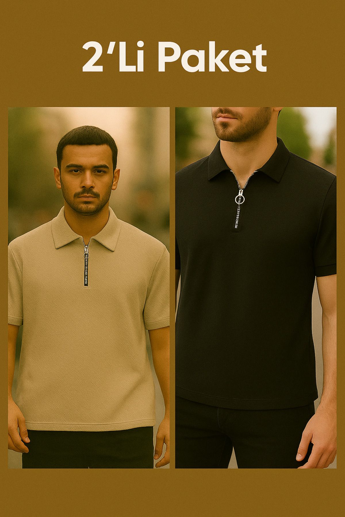 DAMGA JEANS Erkek 2 Li Paket Yarım Fermuar Polo Yaka Tişört