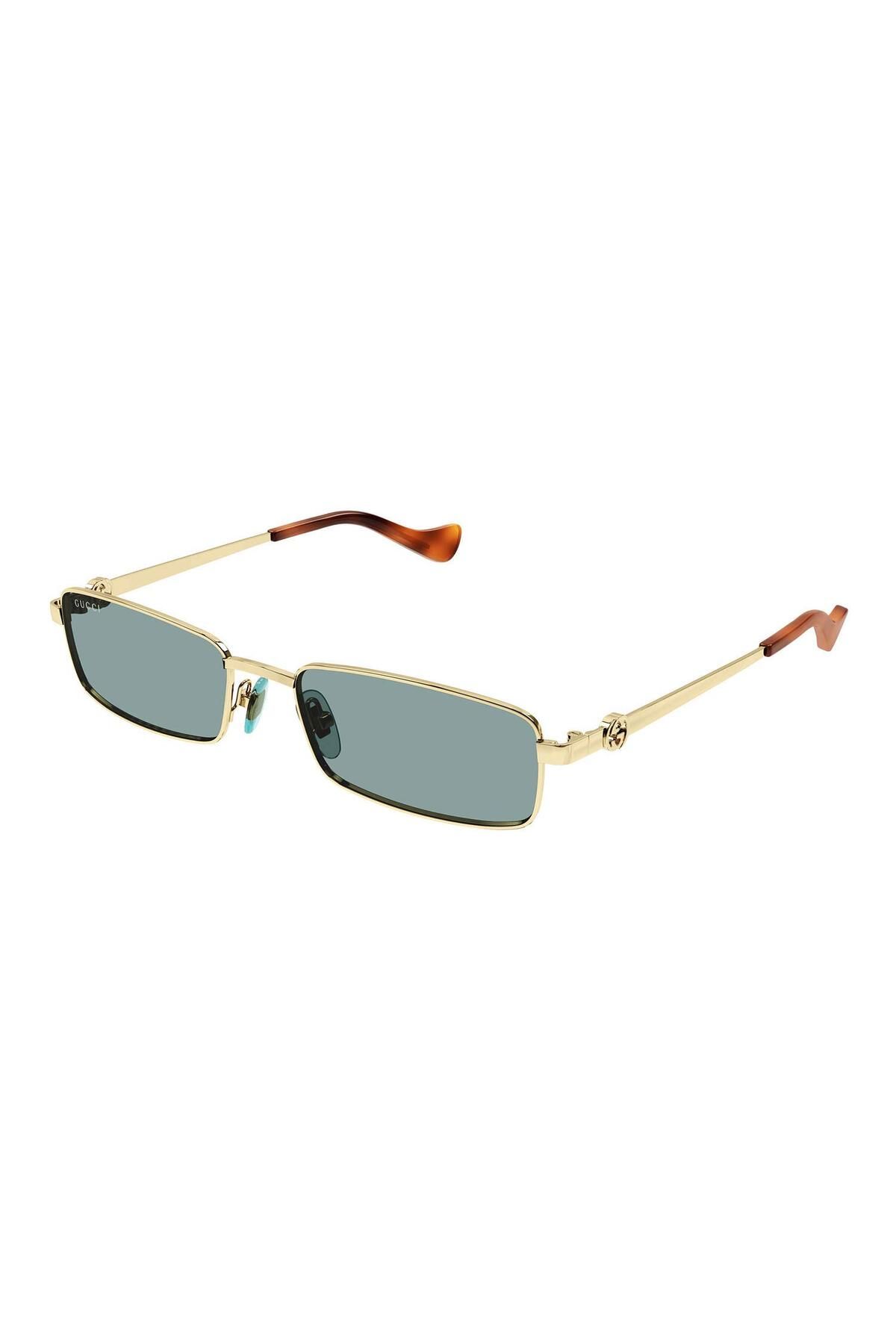 Gucci GG1600S 003 56-18 Unisex Mavi Mat Camlı Altın Metal Dikdörtgen Güneş Gözlüğü
