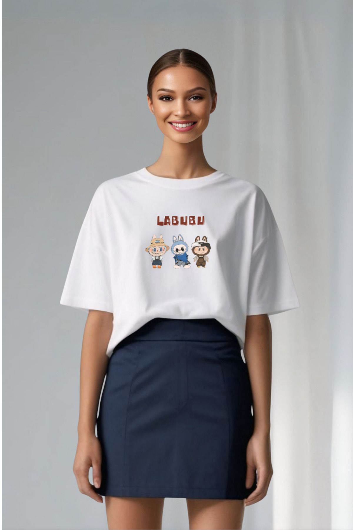 Butik Trendy Labubu Baskılı Pamuk Tişört – Oversize Unisex Model