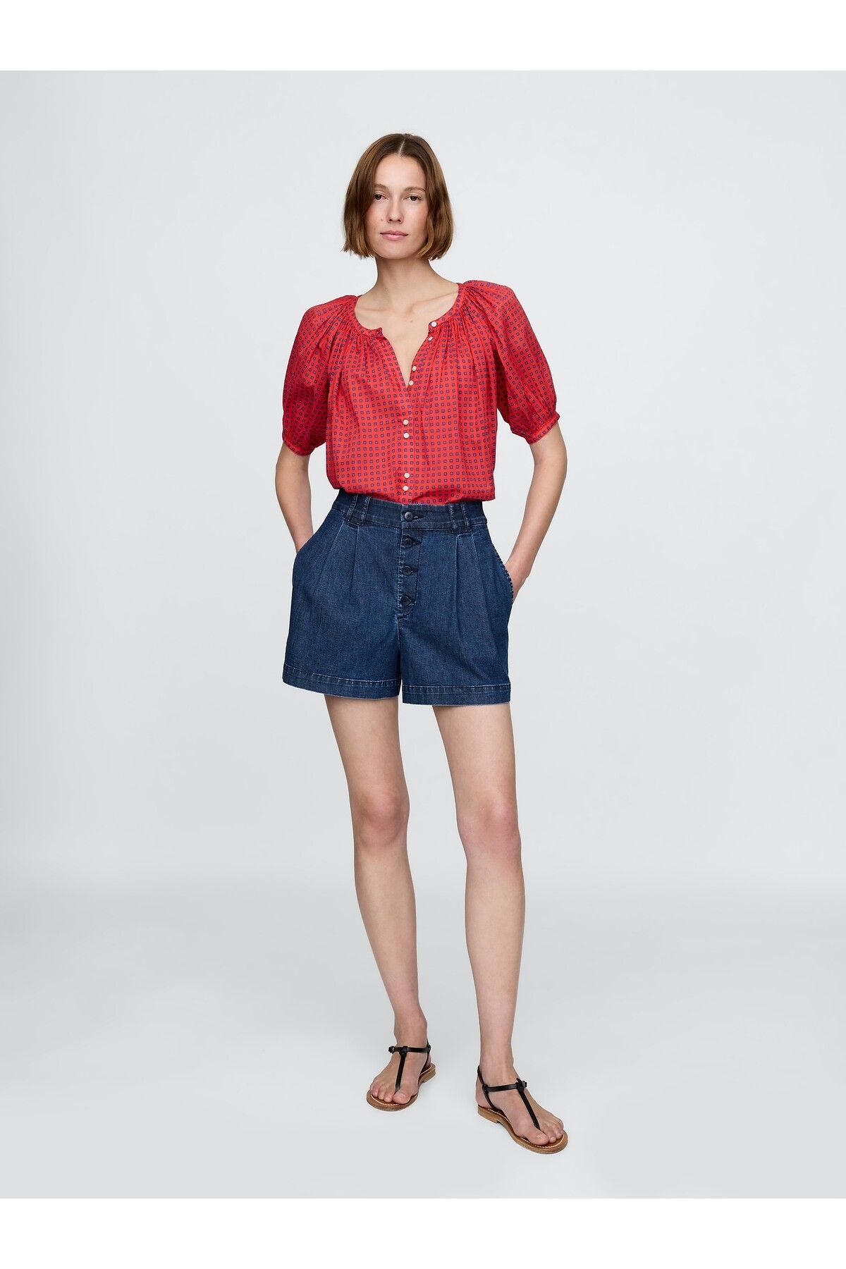 GAP Kadın Mavi Gap × DÔEN High Rise Pileli Denim Şort Pantolon