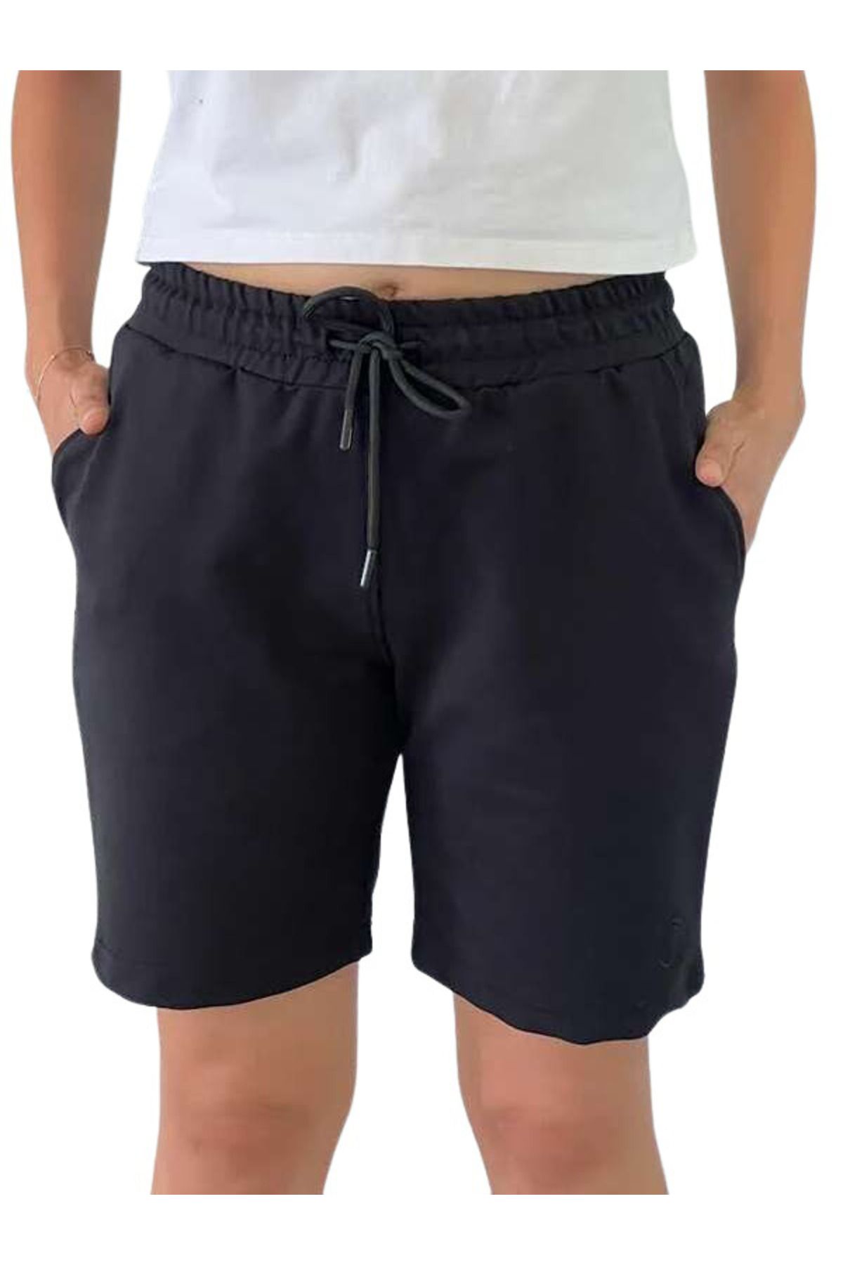 TREE TONE Unisex Beli Bağlamalı Pamuklu Cepli SİYAH Şort