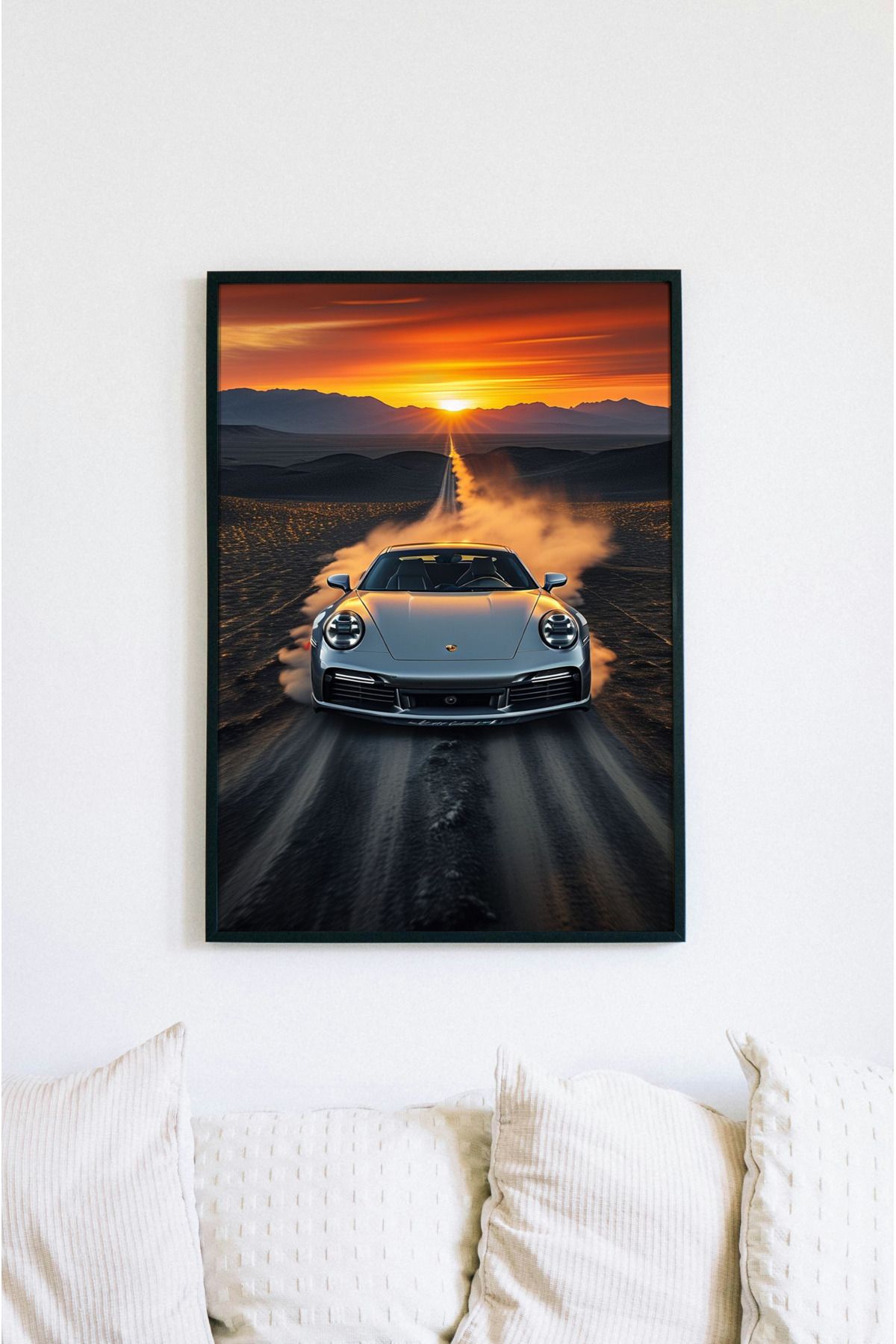 UVisiontr Porsche 911 (992) Çöl Yolu Tablosu, UV Baskı Çerçevesiz Otomobil Temalı MDF Tablo