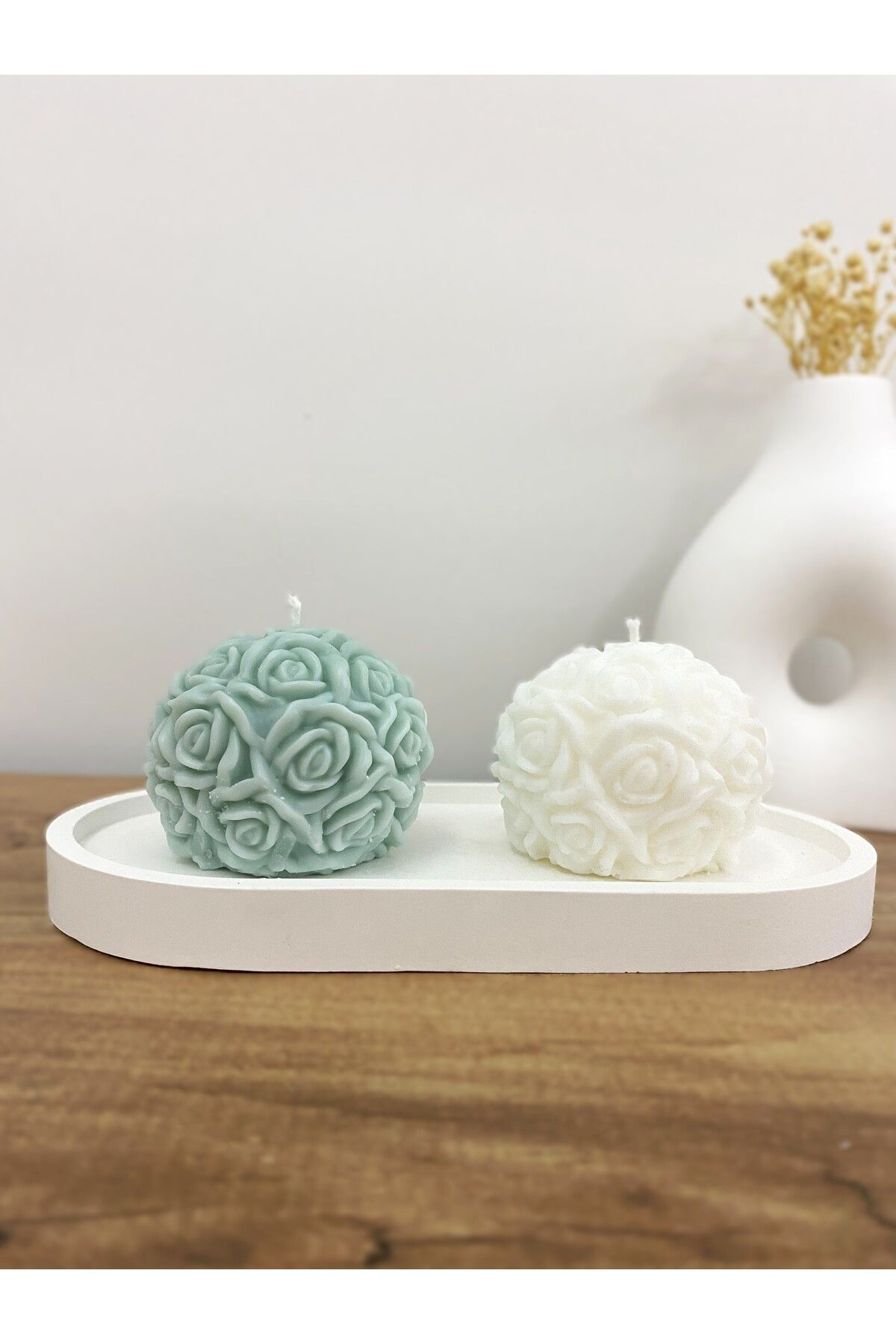 Nox Atelier 2'li Gül Motifli Yuvarlak Dekoratif Mum Seti – Beyaz & Mint