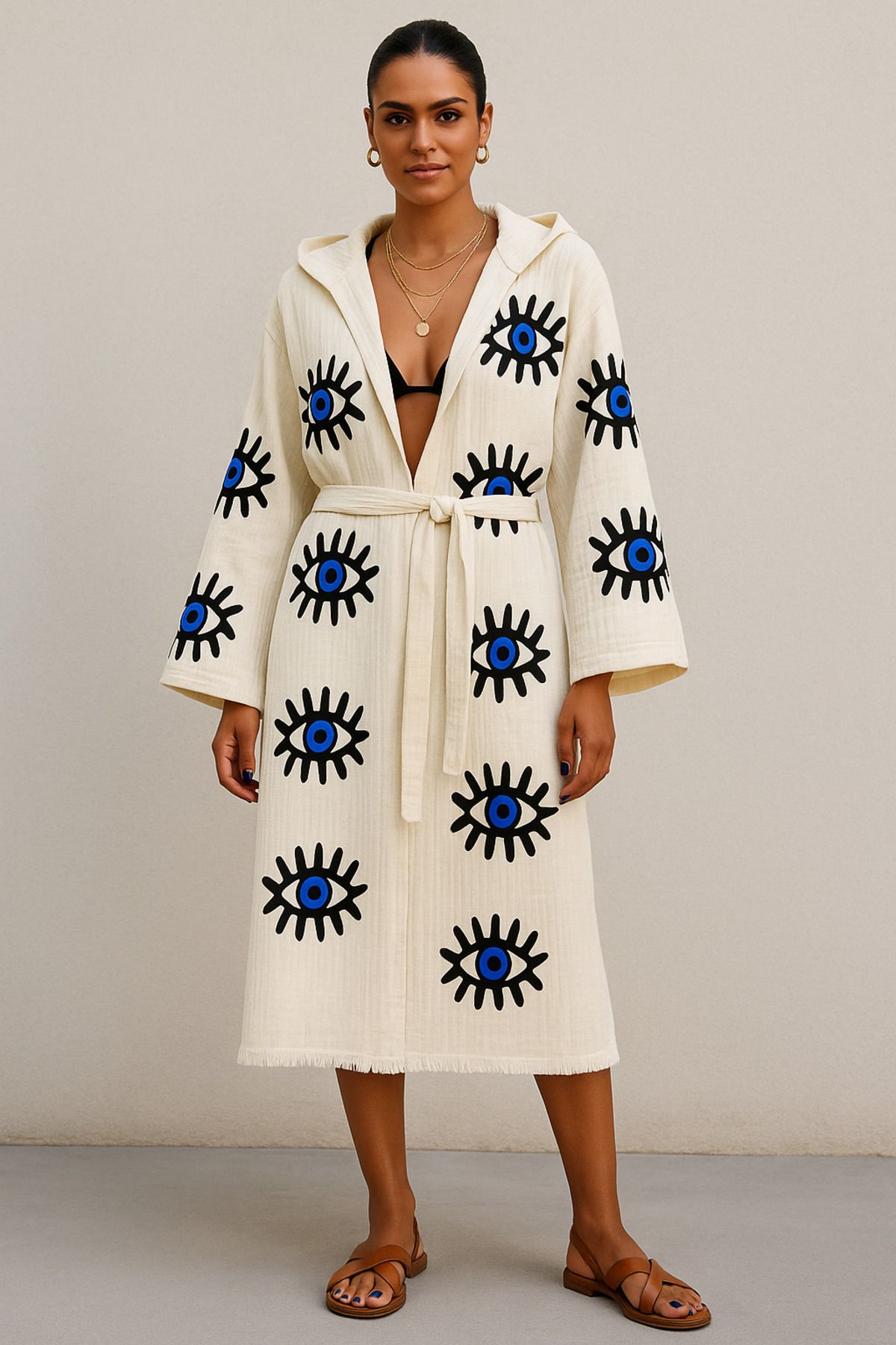 Home Oversize Müslin Bornoz – Nazar Boncuğu Desenli Yazlık Kimono
