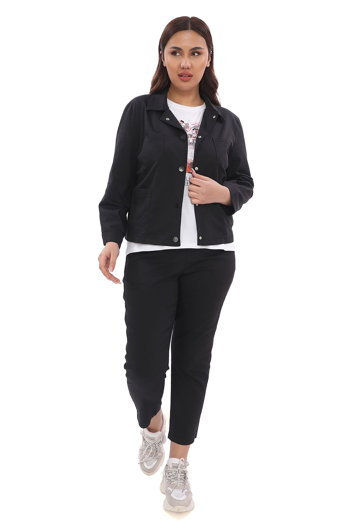 EXİTLİNE Kadın Yazlık Üçlü Takım Siyah Ceket Pantolon Tshirt