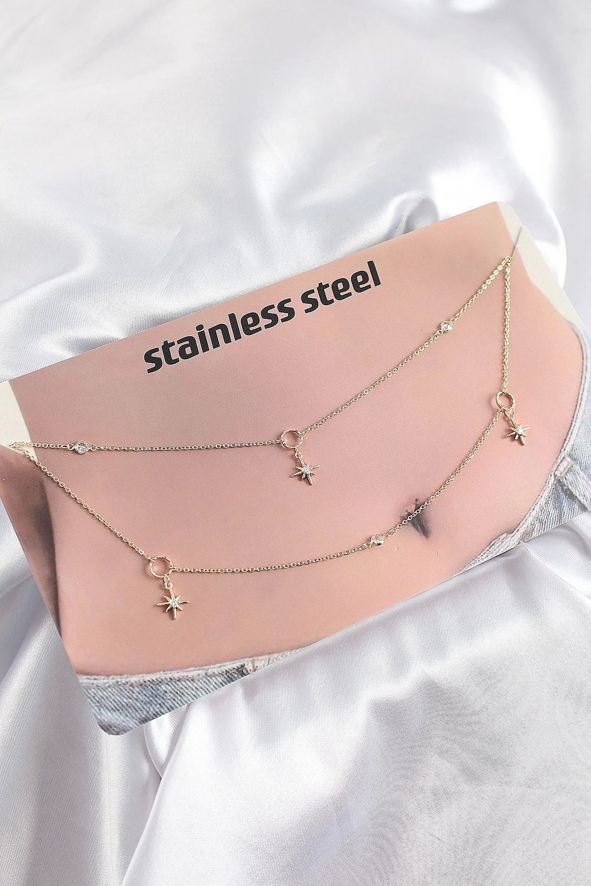 shopwave 316L Çelik Zirkon Taşlı Kutup Yıldızı Model Gold Renk Göbek Bel Zinciri