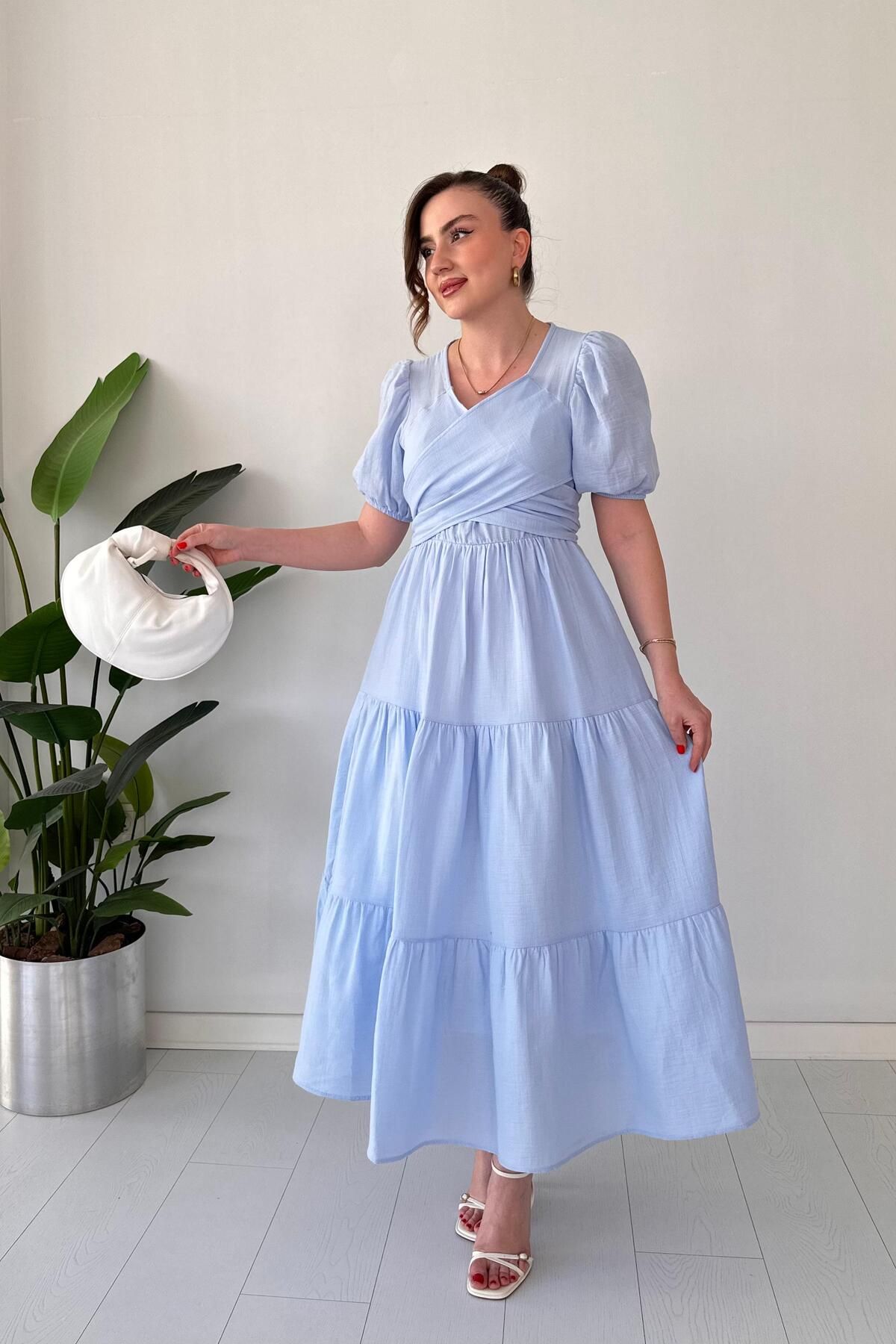 MaziButik Çapraz Bağlama Müslin Elbise Bebe Mavi