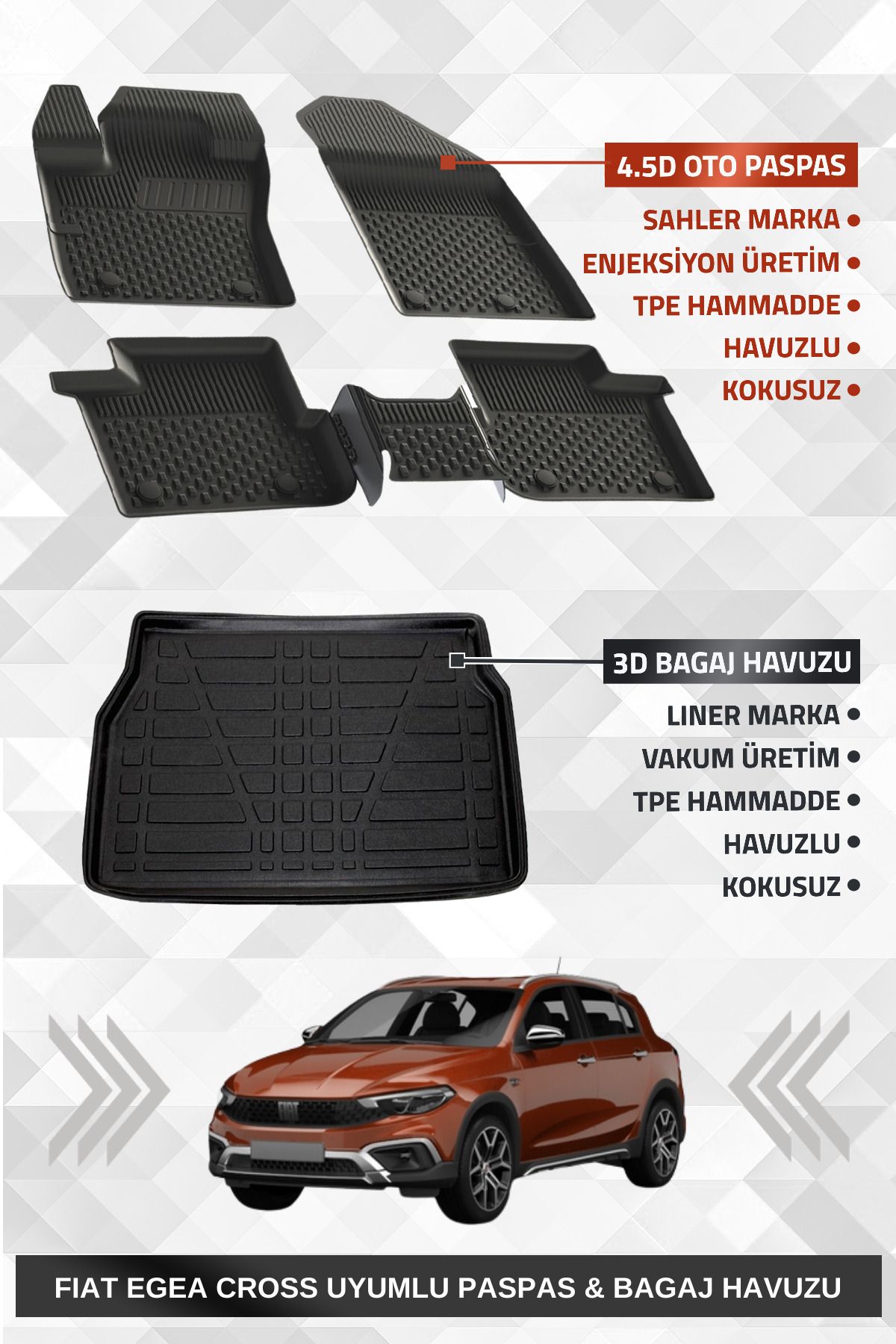 Sahler Fıat Egea Cross 2020+ Uyumlu 4.5D Premium Havuzlu Oto Paspas ve Liner Marka 3D Bagaj Havuzu