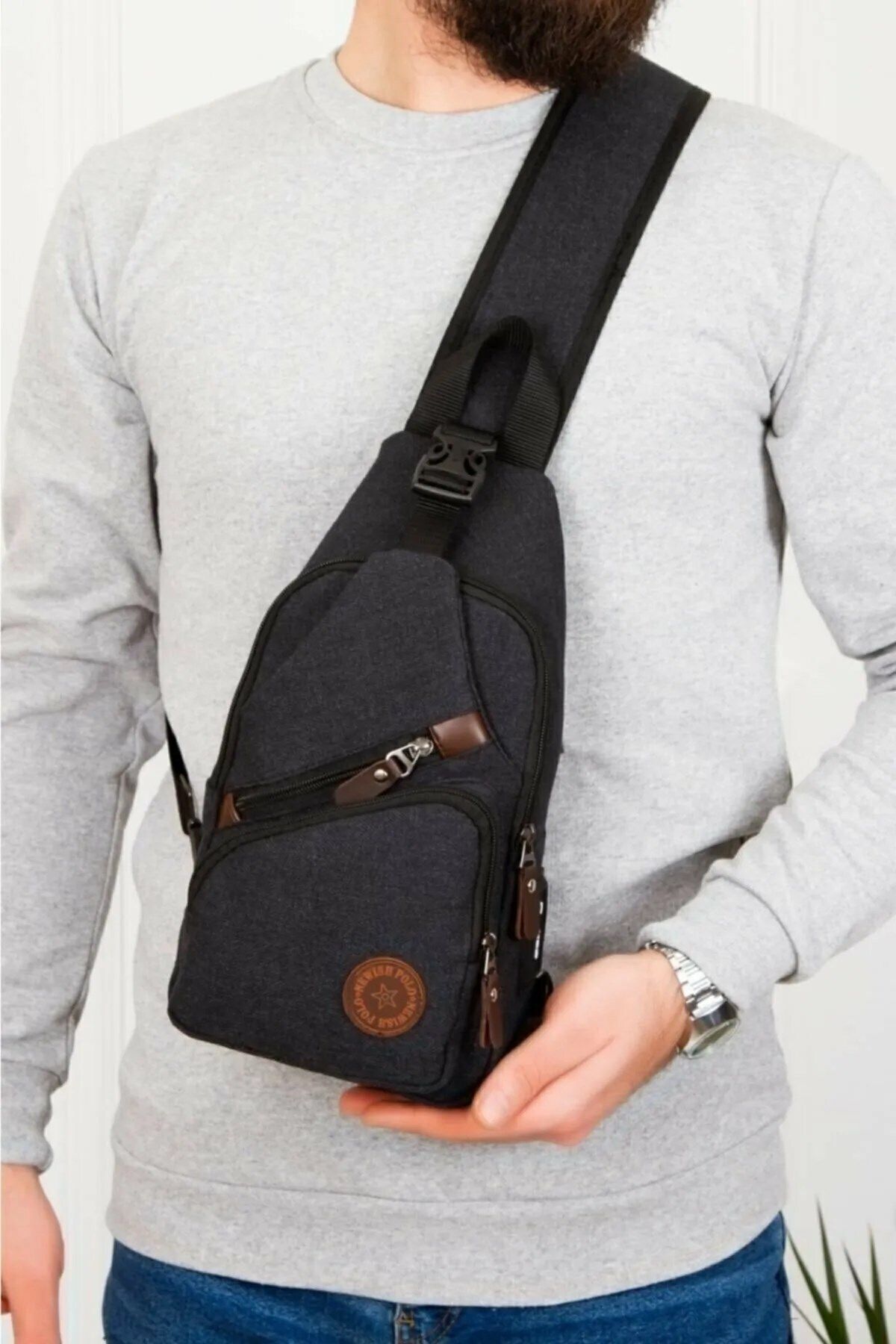 Newish Polo Erkek Kanvas Kumaş Usb Ve Kulaklık Çıkışlı Çapraz Göğüs Bel Ve Omuz Çantası - Siyah
