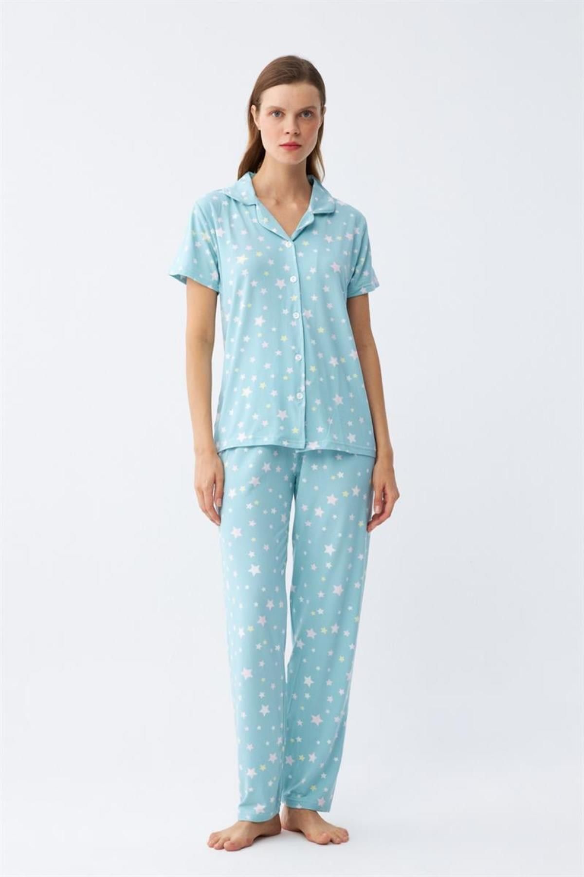 Celira Kadın Buz Mavisi Yıldız Desenli Önden Düğmeli Pijama Takımı