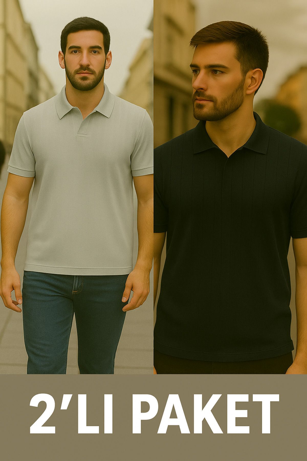 DAMGA JEANS Erkek 2 Li Paket Yarım Pat Bol Polo Yaka Tişört