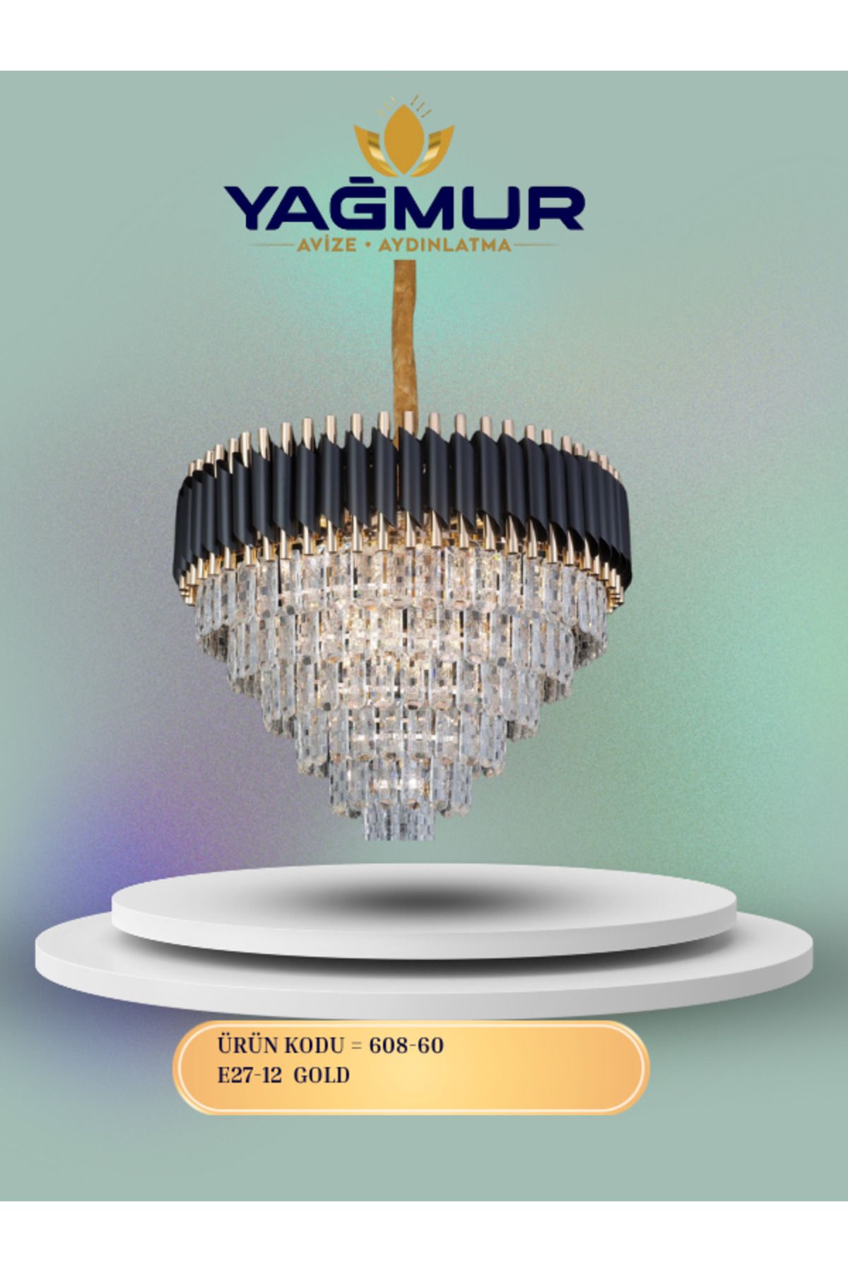 YAĞMUR AVİZE AYDINLATMA 60 CM SİYAH GOLD BORULU KRİSTAL AVİZE E27 DUY TİPİ