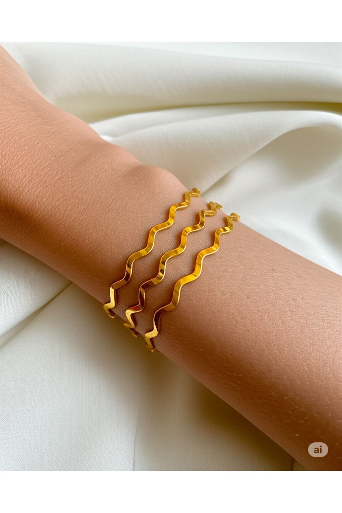FAMEMUS ACCESSORY Kadın Gold Renkli Zigzag Formlu 3'lü Bilezik Seti