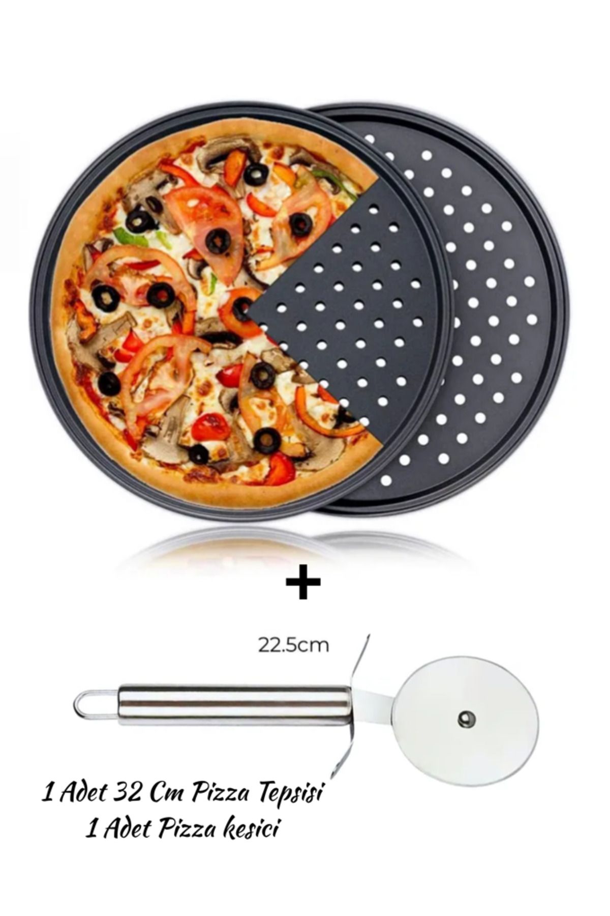 Hilamingo Home 32 CM Paslanmaz Çelik Delikli Büyük Boy Pizza Tepsisi ve Paslanmaz Çelik Pizza Kesici