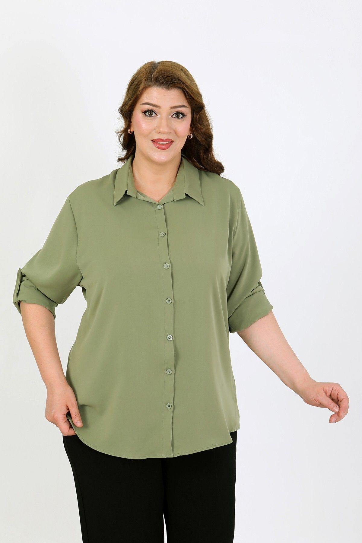 By Alba Collection KADIN DUBAİ KUMAŞ DÜZ RENK BÜYÜK BEDEN GÖMLEK