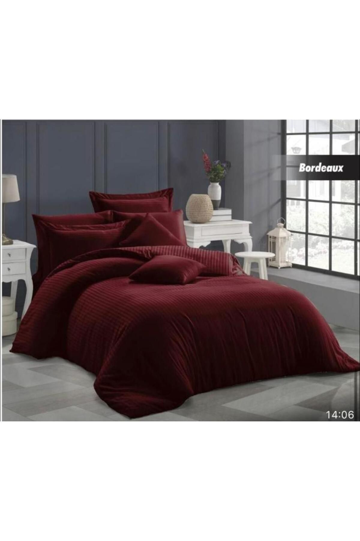 GİNETEKS BORDO ÇİZGİLİ SATEN NEVRESİM TAKIMI PAMUKLU ÇİFT KİŞİLİK (duvet cover set)