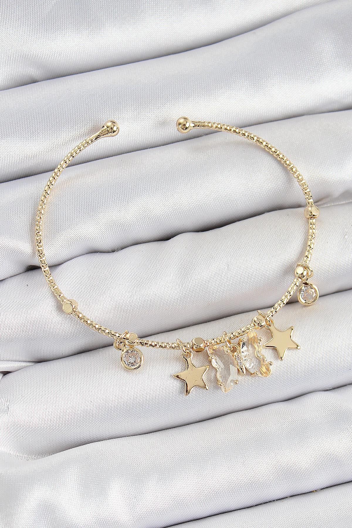 Celira Pirinç Zirkon Taşlı Kelebek Ve Yıldız Model Gold Renk Charm Bileklik