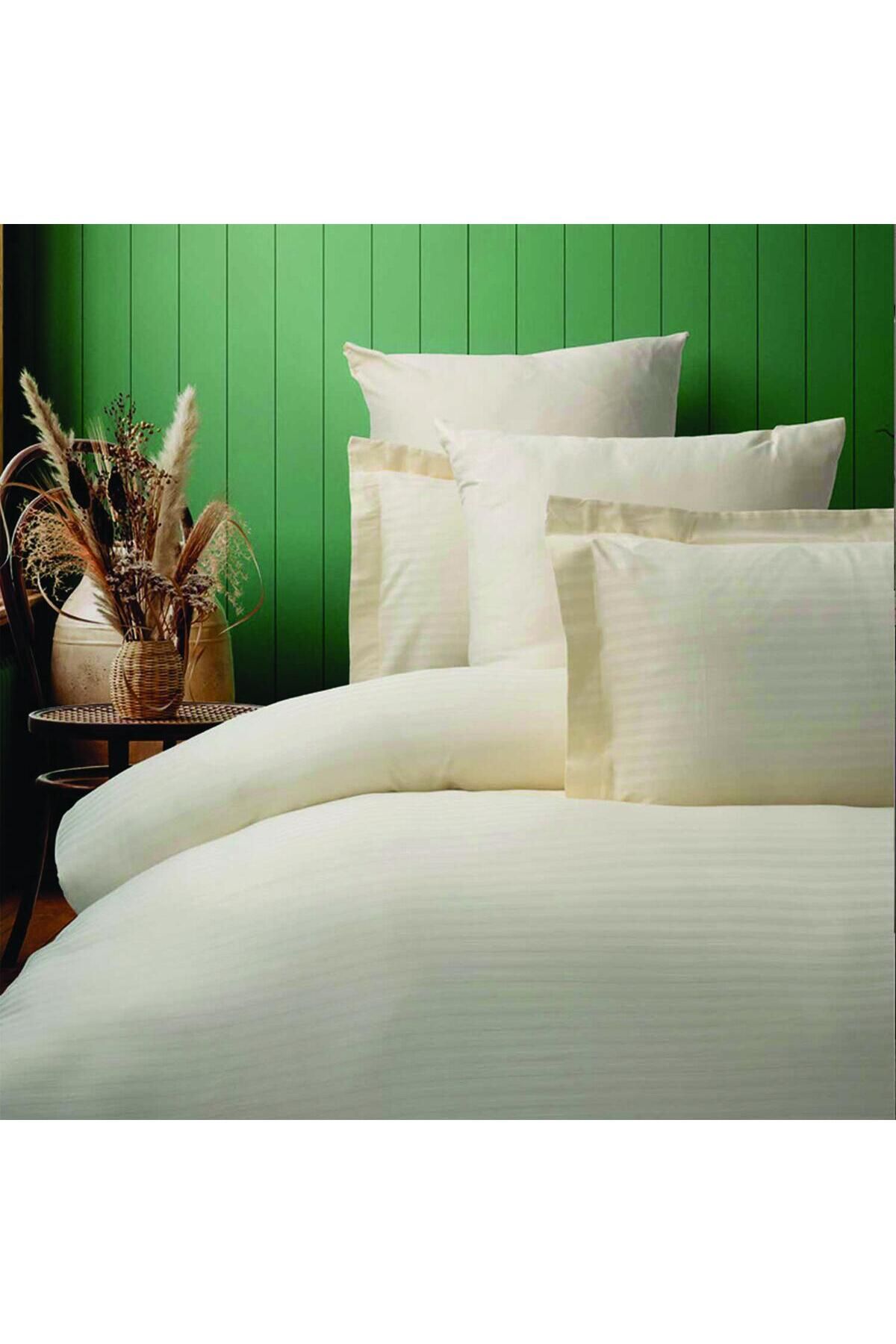GİNETEKS KREM ÇİZGİLİ SATEN NEVRESİM TAKIMI PAMUKLU ÇİFT KİŞİLİK (duvet cover set)