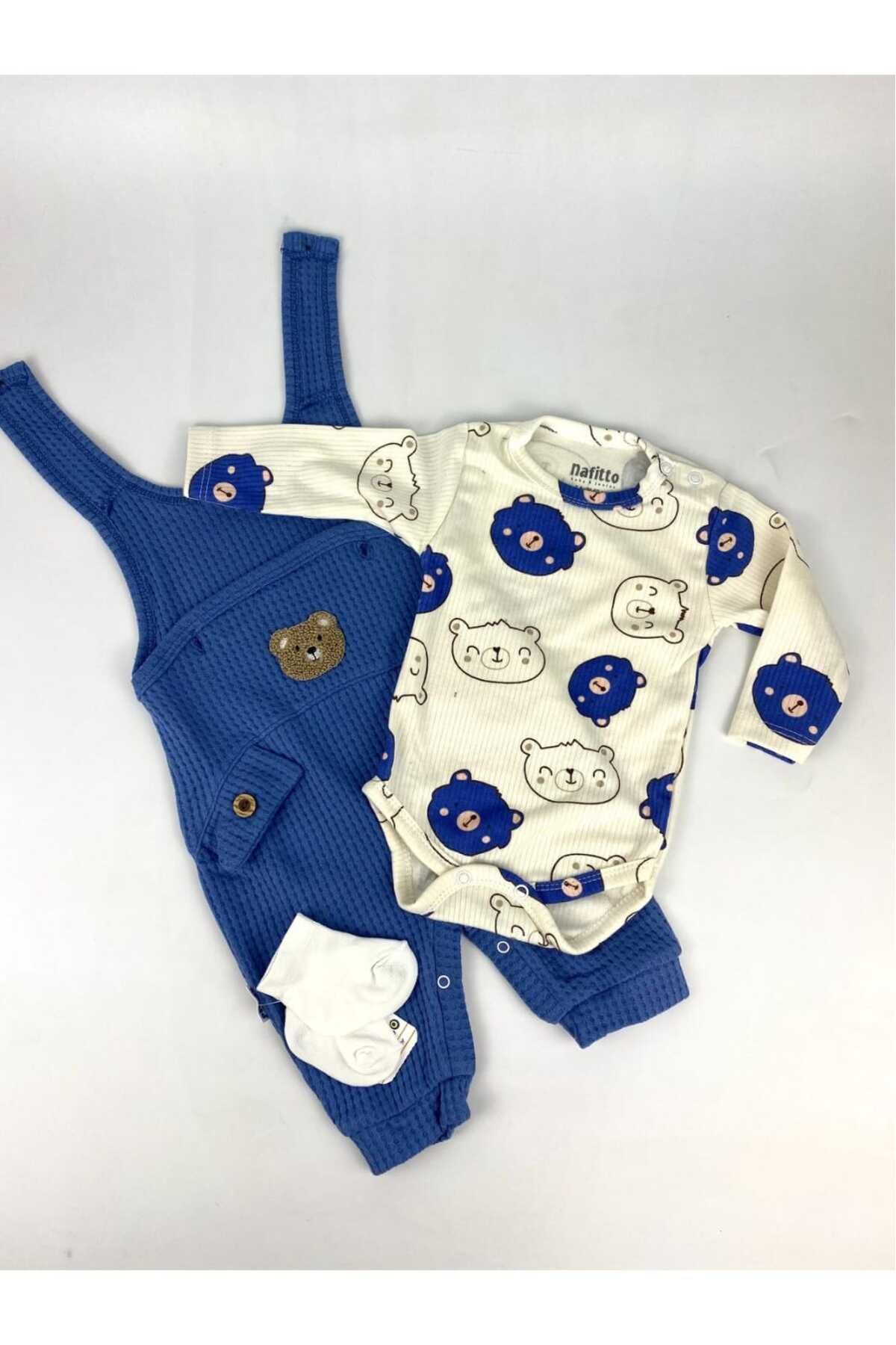 UmBaby Ayı Nakışlı Erkek Bebek Tulum 3’lü Tulum Seti – Zıbın, Tulum Ve Çorap | 3-6-9 Ay Bebek Kıyafeti