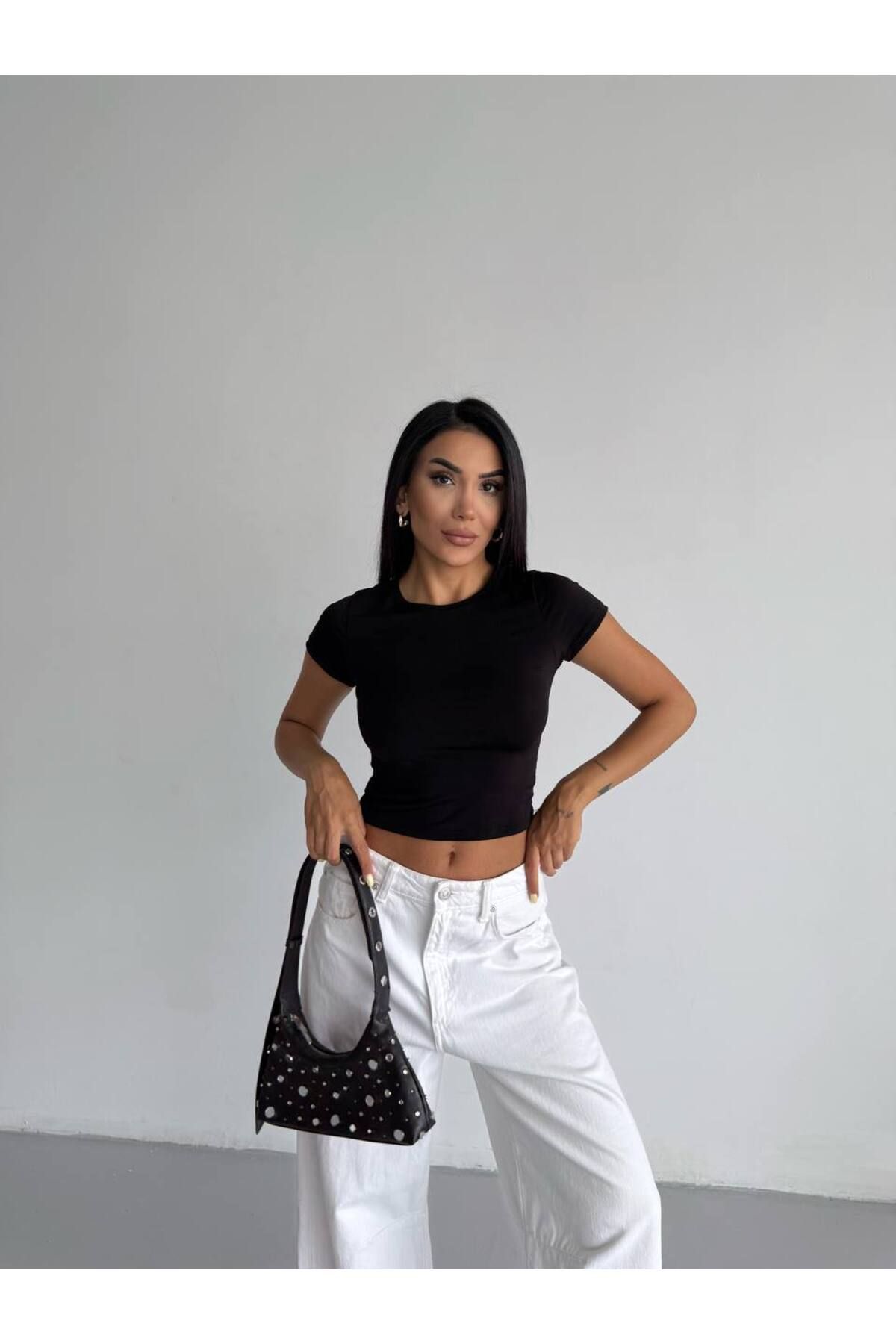 trendhazan A KALİTE KISA KOL BİSİKLET YAKA SANDY KUMAŞ CROP-TİŞÖRT