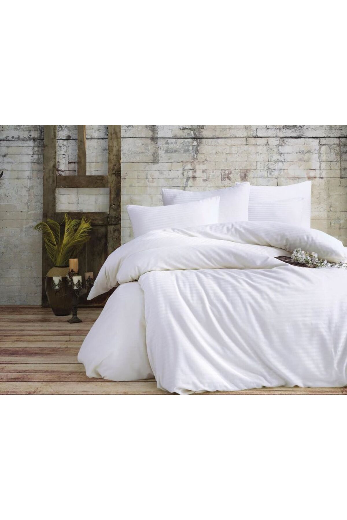 GİNETEKS BEYAZ ÇİZGİLİ SATEN NEVRESİM TAKIMI PAMUKLU ÇİFT KİŞİLİK (duvet cover set)