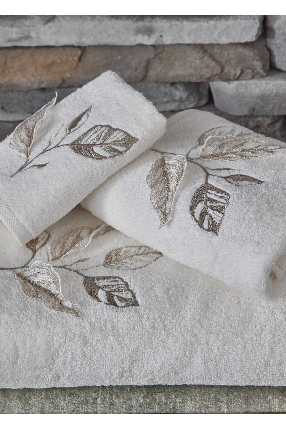 MOTİF HOME COLLECTİON NAKIŞLI PAMUK 3 PARÇA BANYO HAVLU SETİ - KREM