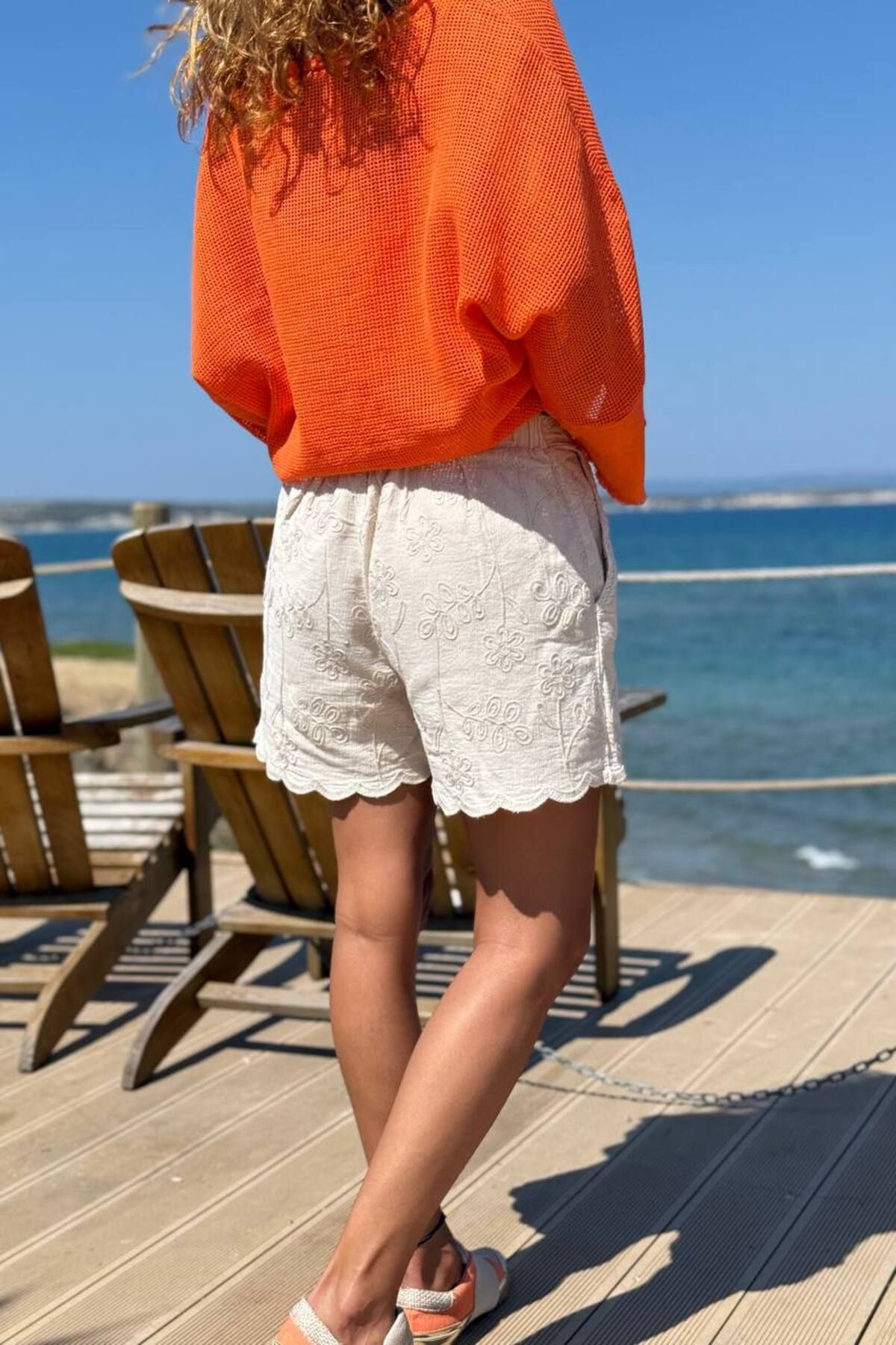 Güneşkızı-Beige Pocket Washed Skirt Hem Eye Embroidered Cotton Woven Shorts 35 35 6