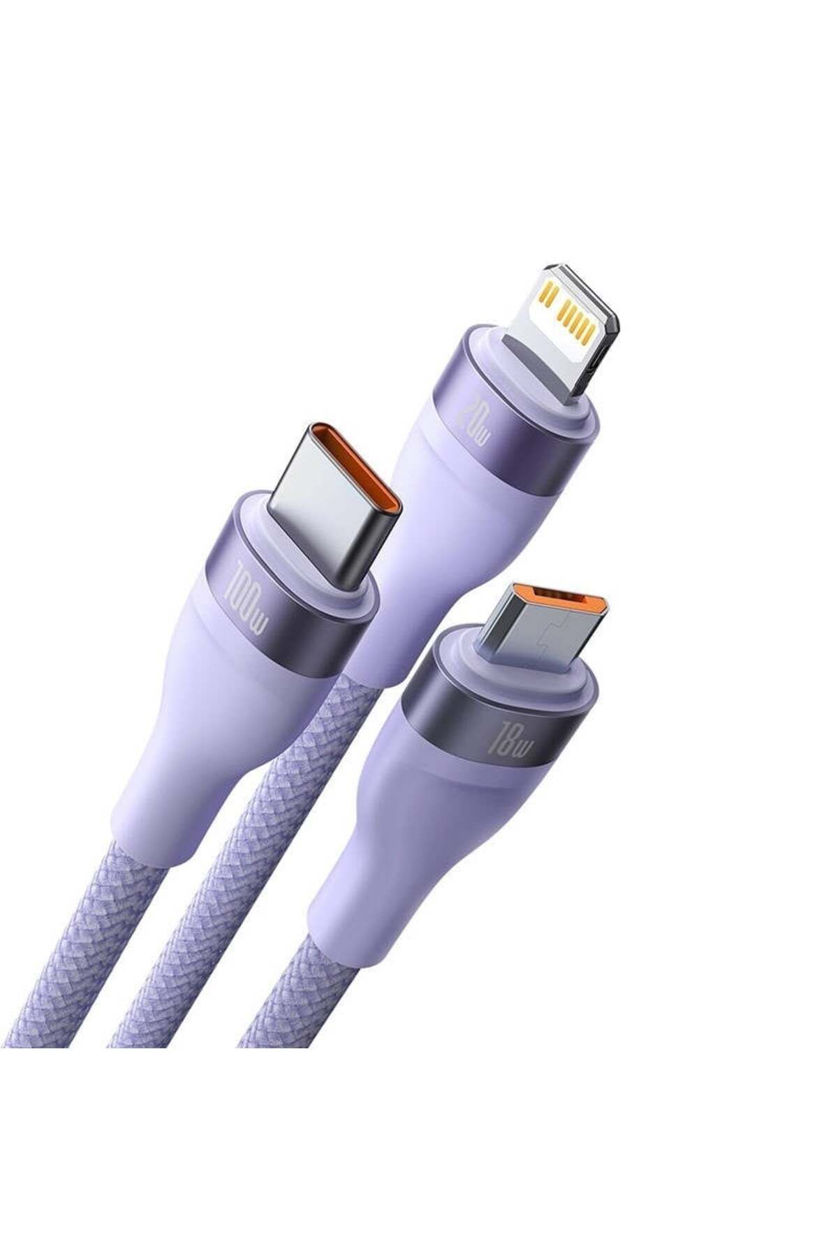 Baseus-Cablu de încărcare/date 3 în 1 USB la Tip-C, Lightning, Micro-USB, 100W, 1,5 m, Flash Series 2, Mov 4
