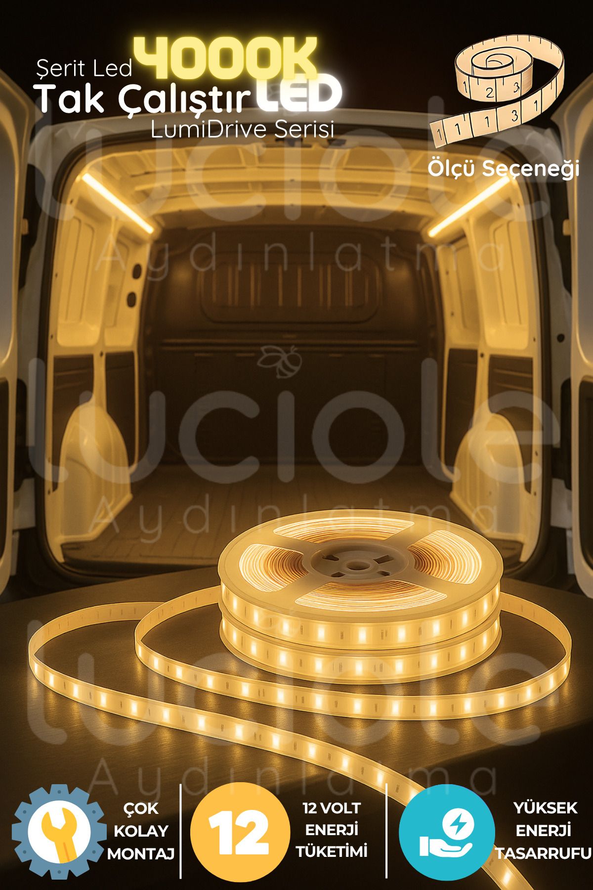 luciole LumiDrive 3m 4000K Araç İçi LED Şerit – 12V Doğal Beyaz Aydınlatma, Kablolu, Yapışkanlı, Kesilebilir