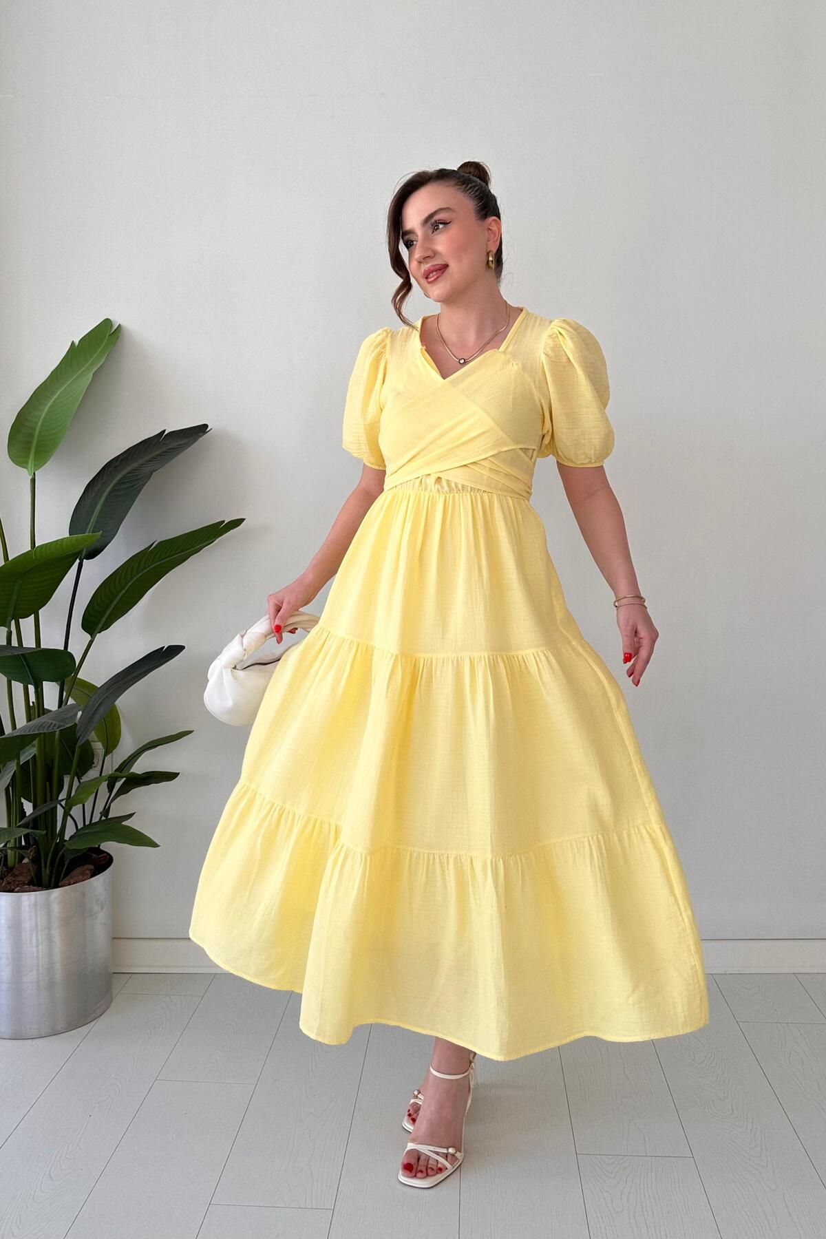 MaziButik Çapraz Bağlama Müslin Elbise Sarı