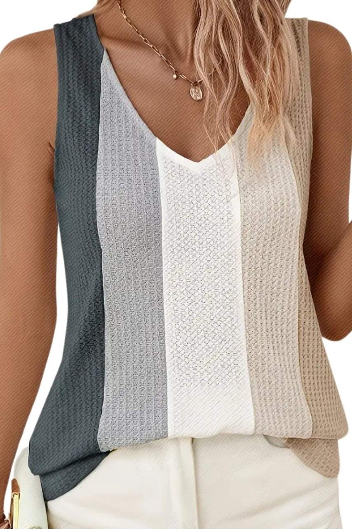 Eylüş Kids Mom Örgü Patchwork Günlük V-Yaka Kolsuz Üst