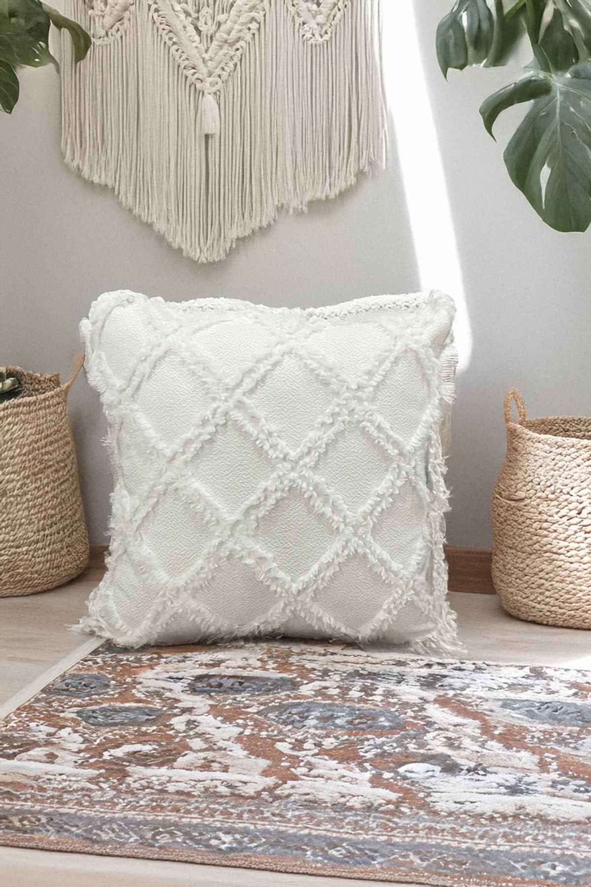 EVYA Punch Şönil 43x43 cm Ekru Koltuk Kırlent Kılıfı Lüx Dekoratif Tüylü Özel Tasarım Modern Dekorasyon