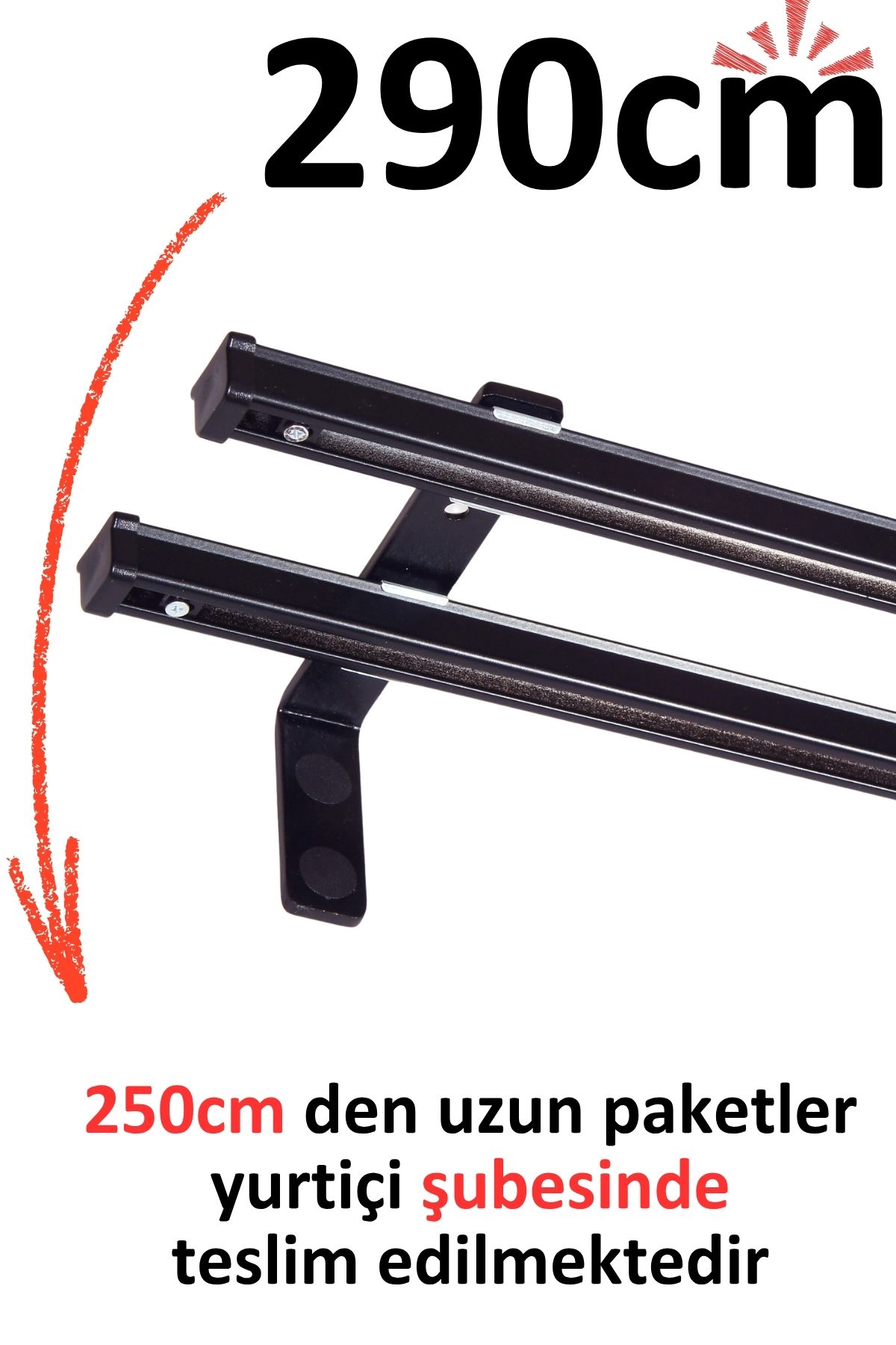İzen Siyah 290cm İkili Metal Rustik (120mm) Metal L Duvar Montaj Ayaklı (19mm) Alüminyum Perde Ray Takımı