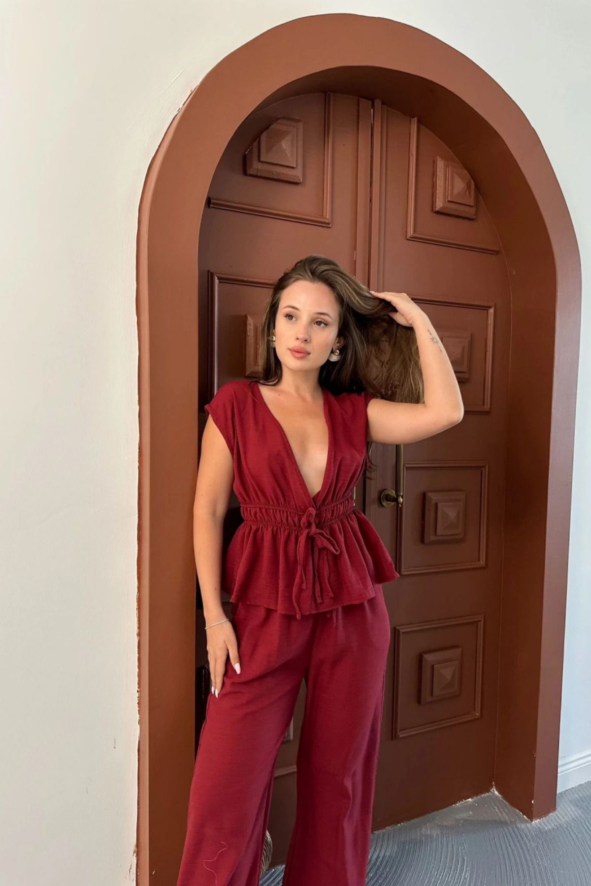 Aventien Bel Detaylı Keten Bluz Pantolon Takım