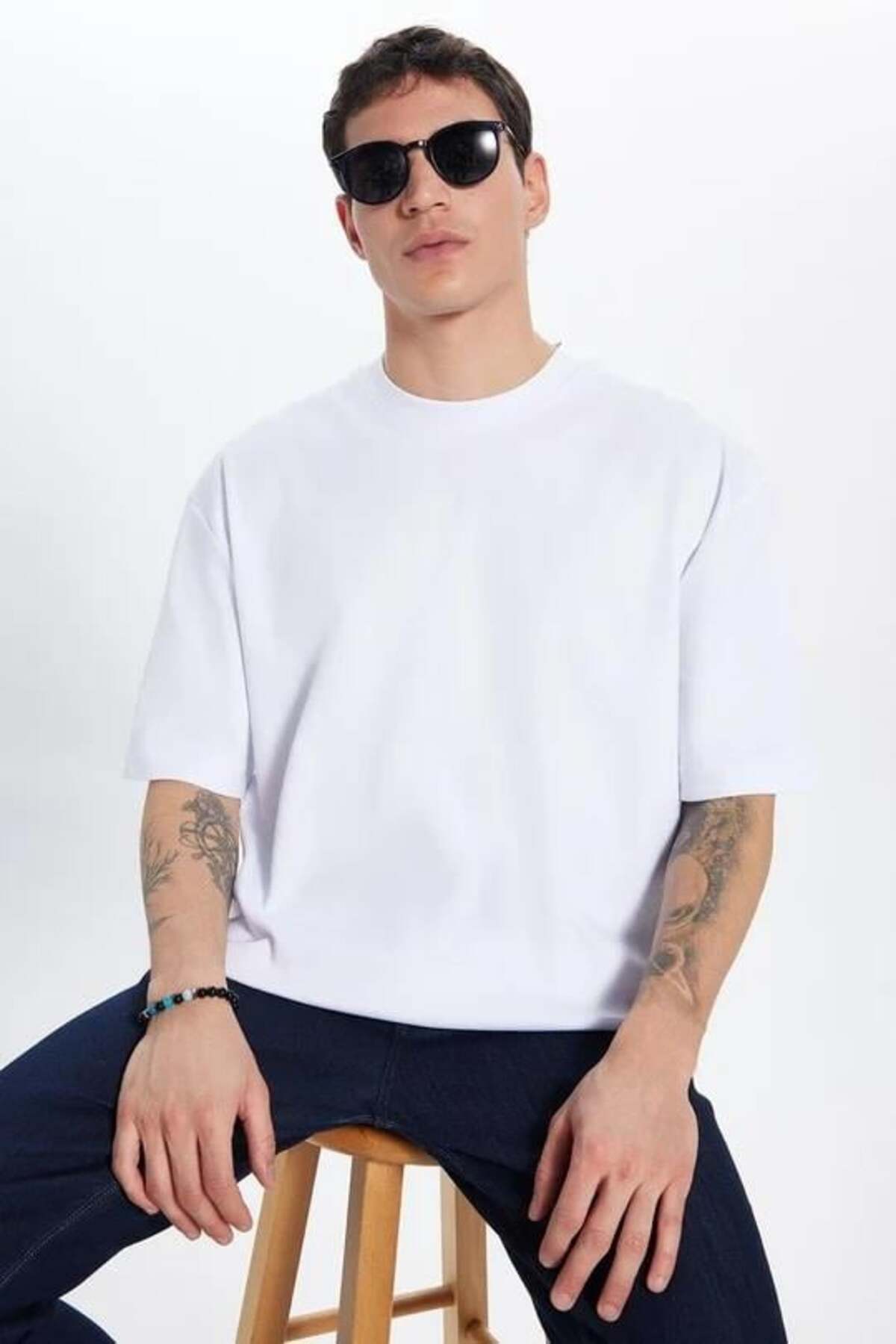 Tudors-Unisex 3-Pack Navy-White-Black Oversize Wide Cut 100% Cotton Basic Crew Neck T-Shirt 3