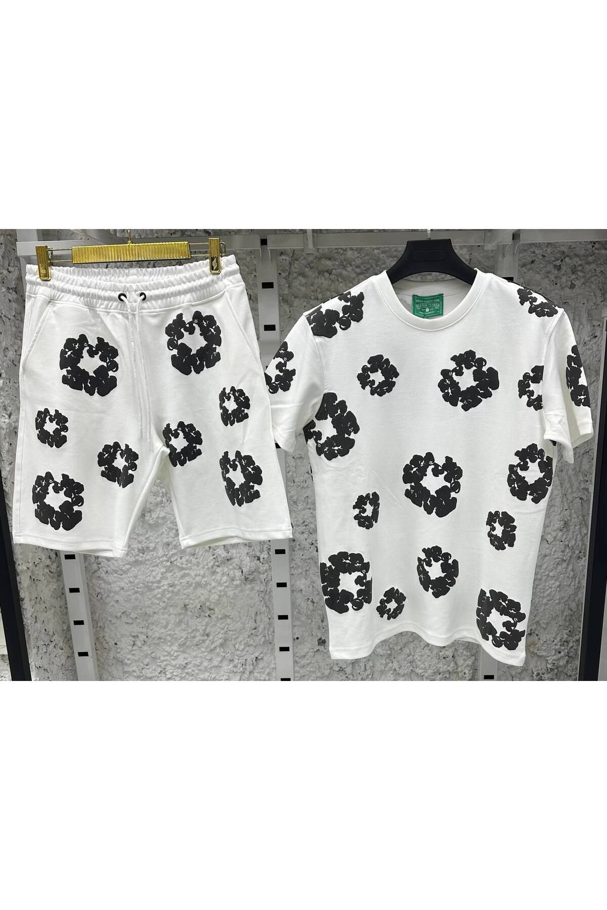 Butik Erkek Siyah Oversize Tişört & Şort Takımı - Çiçek Desenli