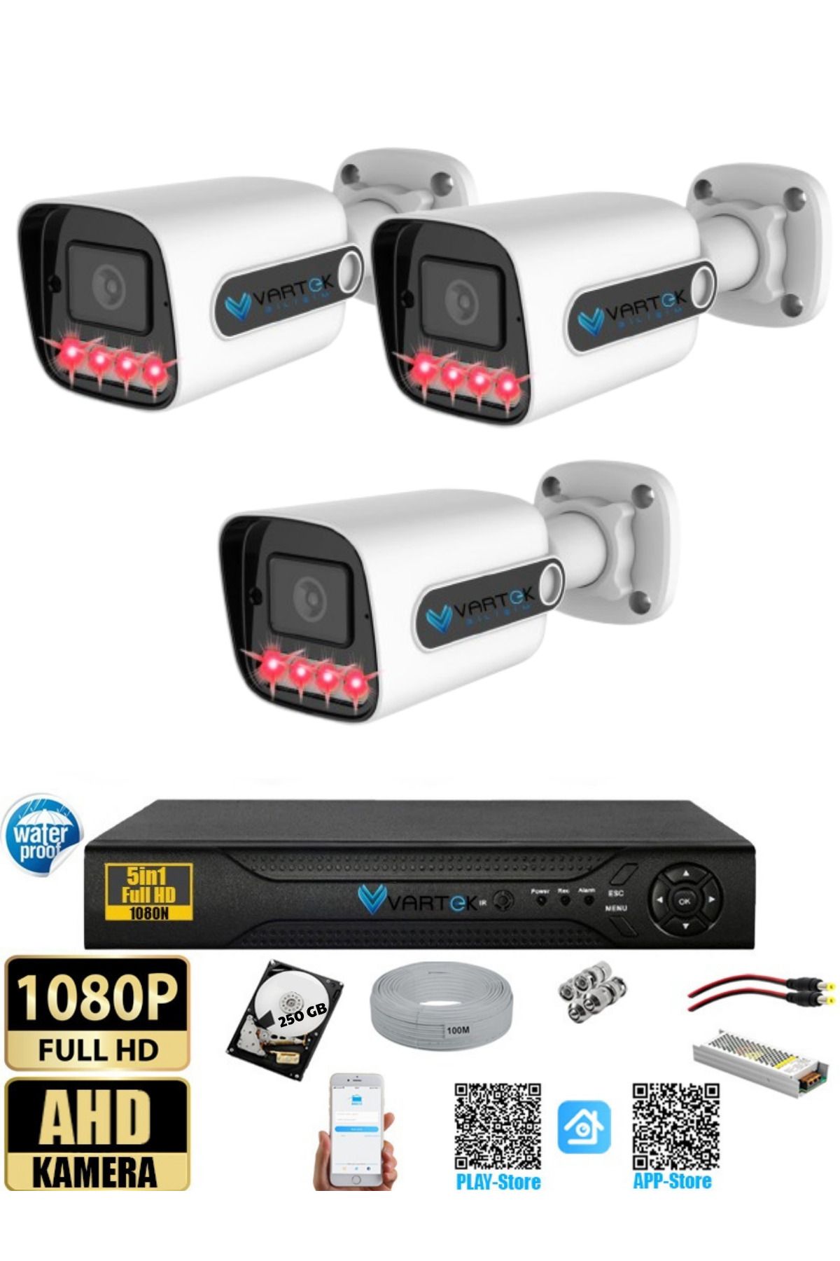 VARTEK BİLİŞİM 3 Kameralı-Gece Görüşlü 5MP Lensli 1080P FULLHD Kamera Seti