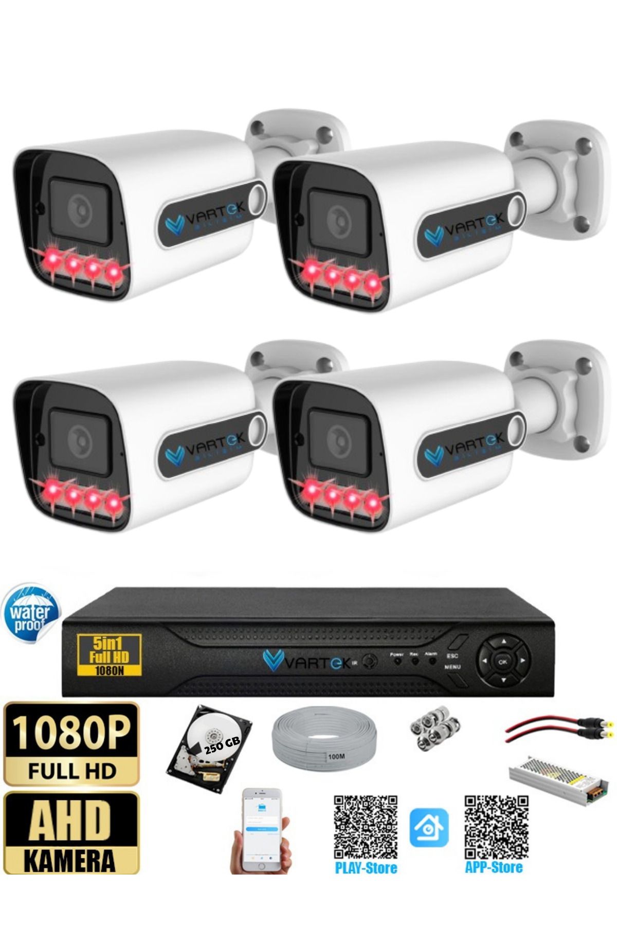 VARTEK BİLİŞİM 4 Kameralı-Gece Görüşlü 5MP Lensli 1080P FULLHD Kamera Seti
