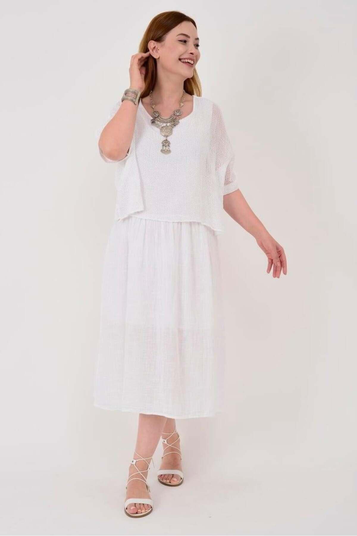 Park Moda 19056 Düz Desen Fileli İkili Keten Elbise