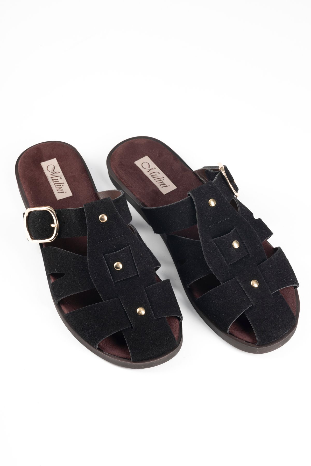 Mulini Kadın Siyah Süet Deri Tokalı ve Troklu Vintage Stil Kafes Sandalet Terlik