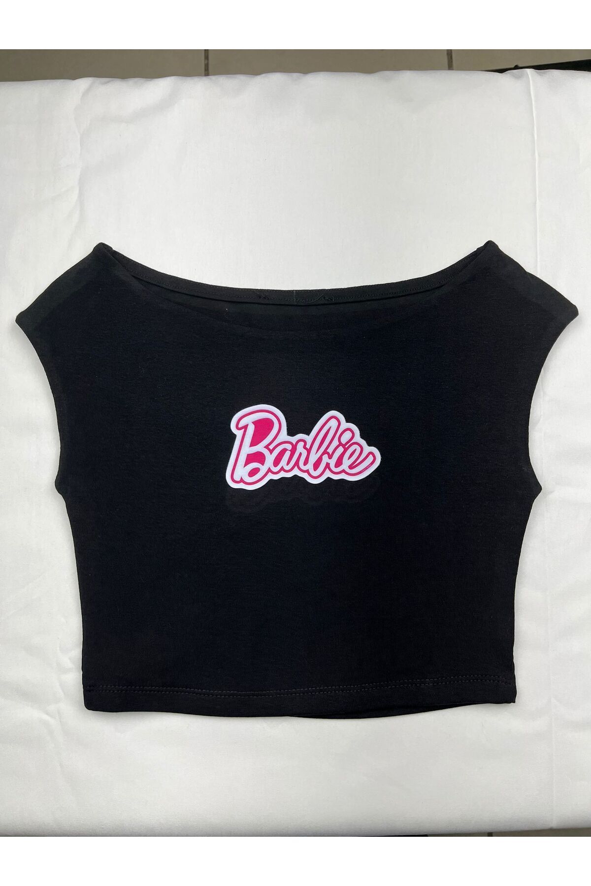 Butik barbie baskılı siyah kolsuz kısa crop