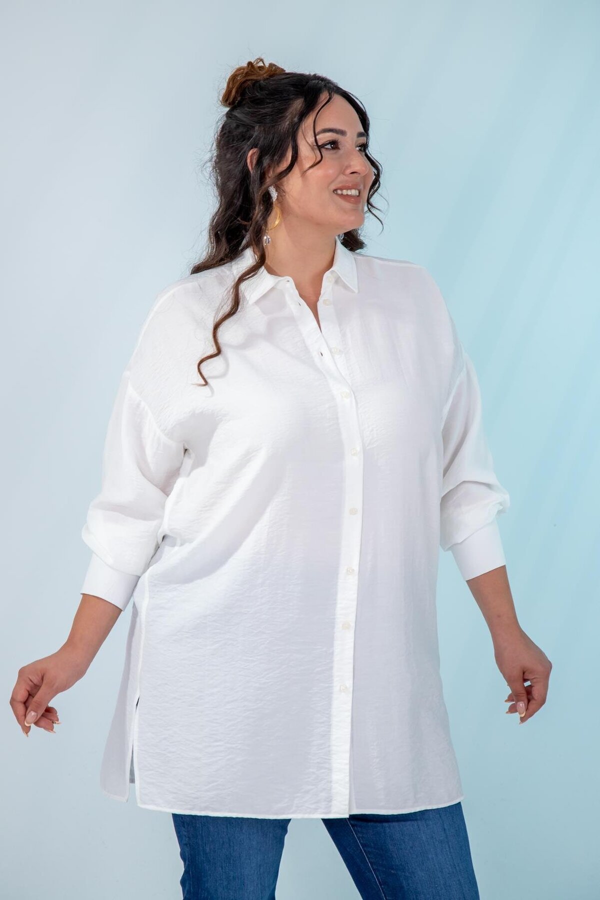 Roxxlen  2100084 210084 Kadın Büyük Beden Yanı Yırtmaçlı Gömlek Beyaz - Görsel 8