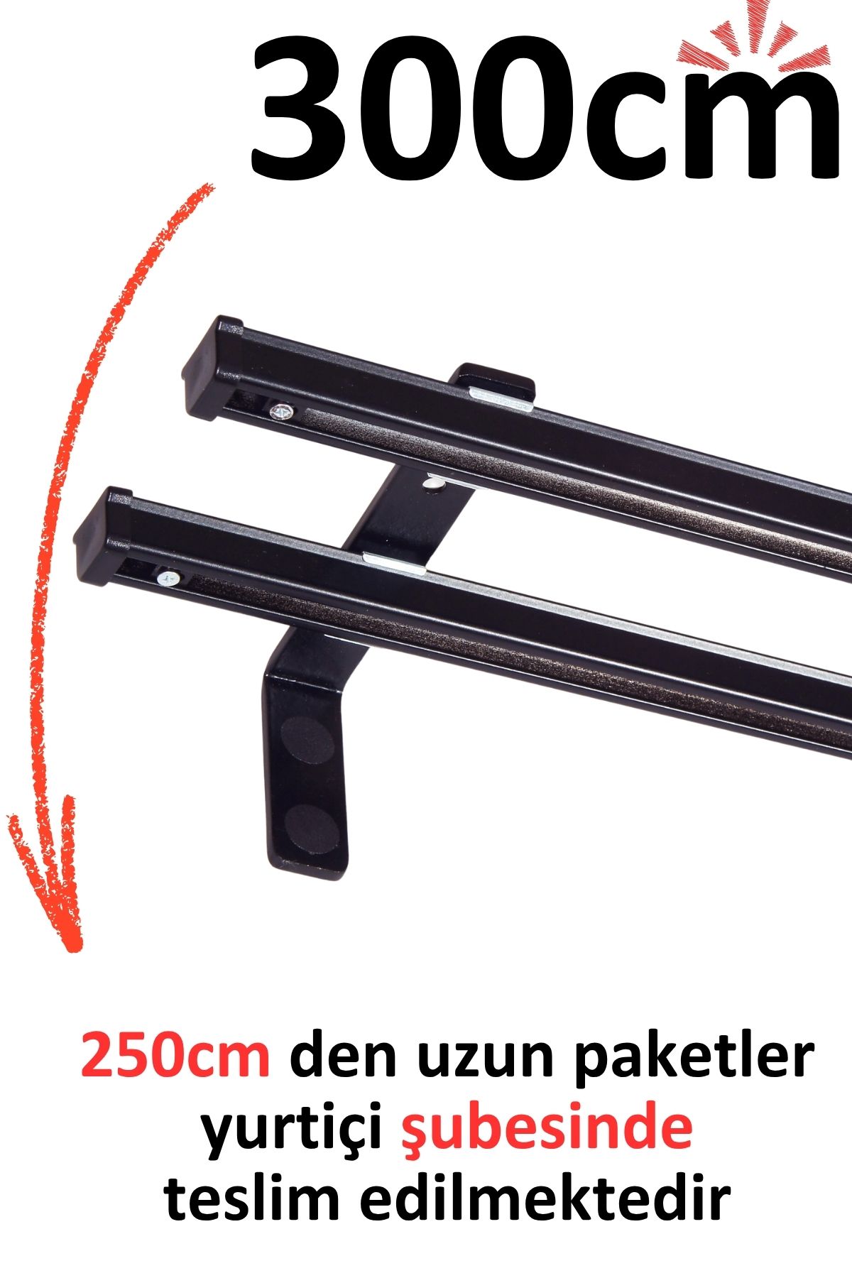 İzen Siyah 300cm İkili Metal Rustik (120mm) Metal L Duvar Montaj Ayaklı (19mm) Alüminyum Perde Ray Takımı