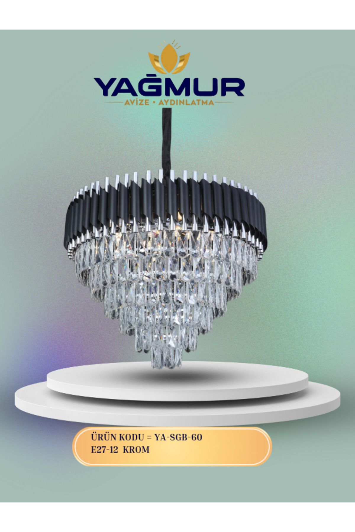 YAĞMUR AVİZE AYDINLATMA 60 CM SİYAH KROM BORULU KRİSTAL AVİZE E27 DUY TİPİ
