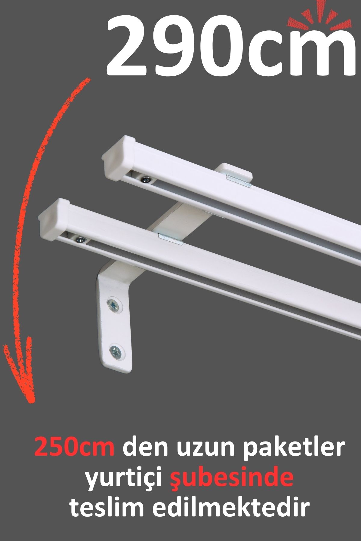İzen Beyaz 290cm İkili Metal Rustik (120mm) Metal L Duvar Montaj Ayaklı (19mm) Alüminyum Perde Ray Takımı
