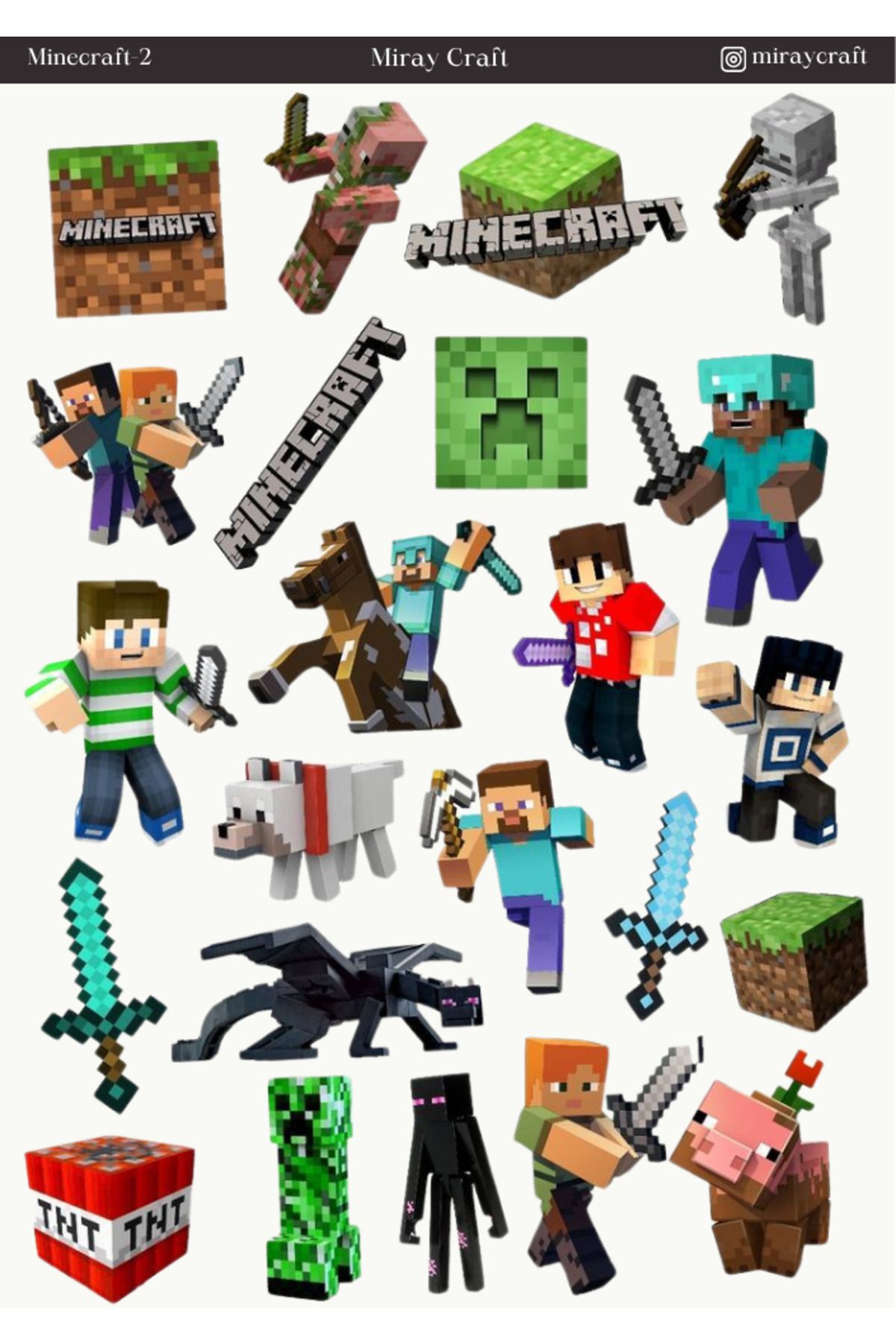 MirayDesign 1 Adet Minecraft Temalı Sticker (12x17 cm) Bullet Journal,Scrapbook, Ajanda, Planlayıcı için