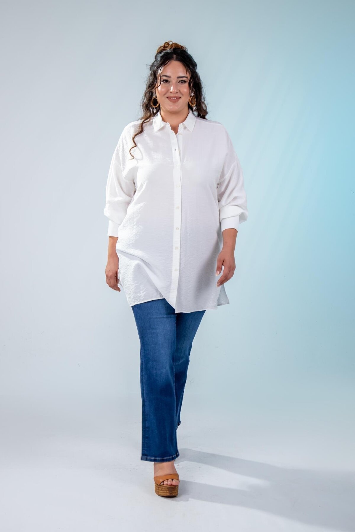 Roxxlen  2100084 210084 Kadın Büyük Beden Yanı Yırtmaçlı Gömlek Beyaz - Görsel 6