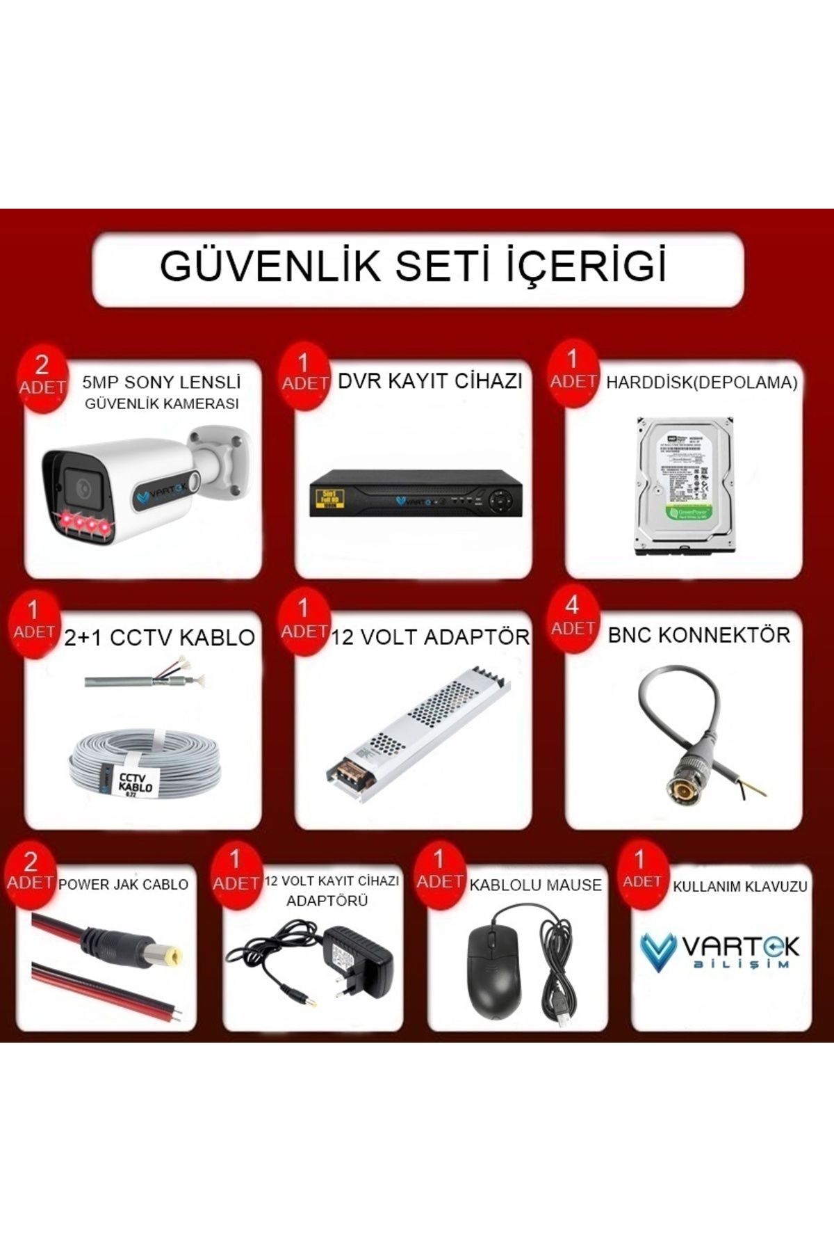 VARTEK BİLİŞİM 2 Kameralı-Gece Görüşlü 5MP Lensli 1080P FULLHD Kamera Seti
