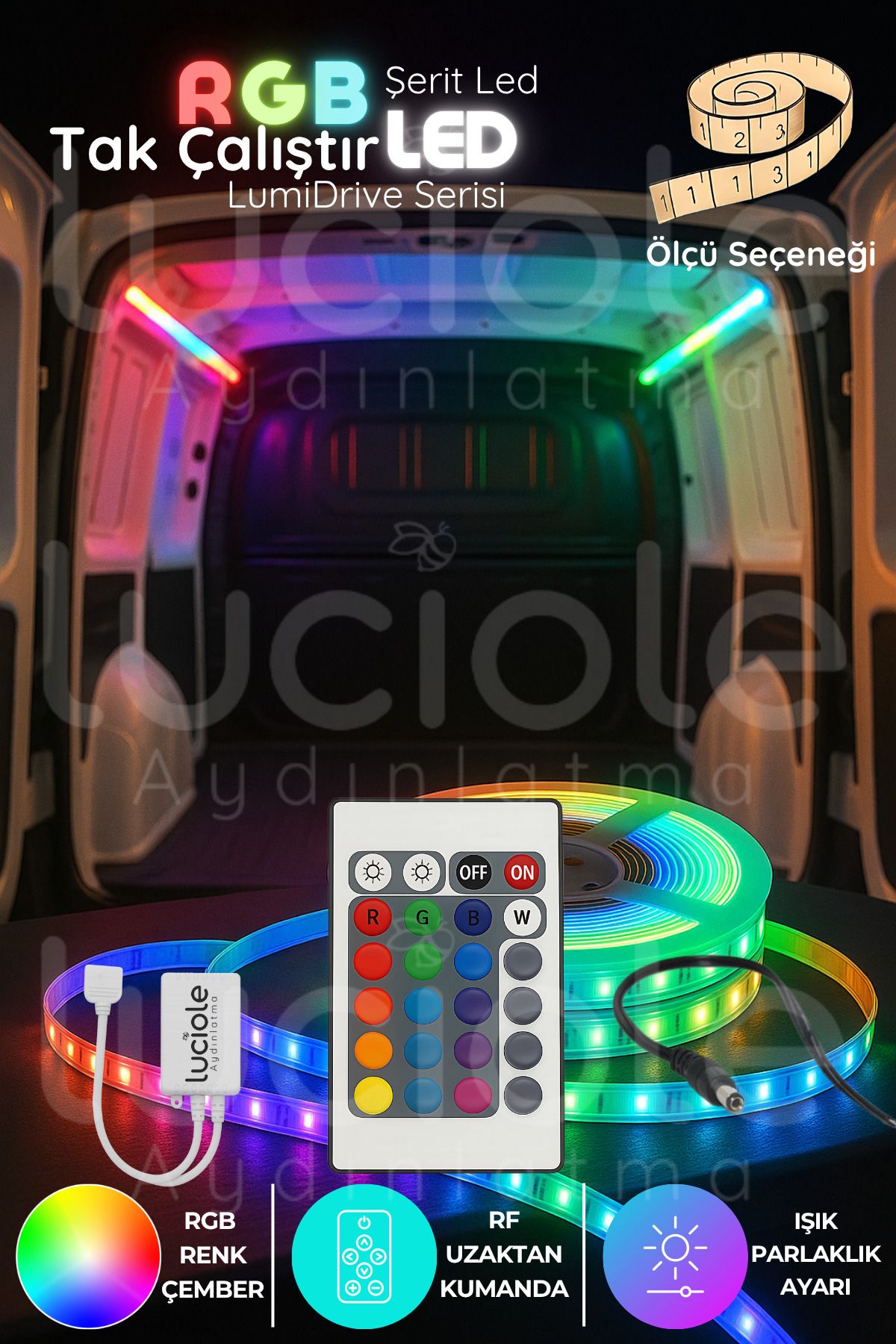 luciole LumiDrive 2m RGB 5050 LED Şerit – 24 Tuş IR Kumanda + Modül, Tak-Çalıştır Montajlı, Kesilebilir