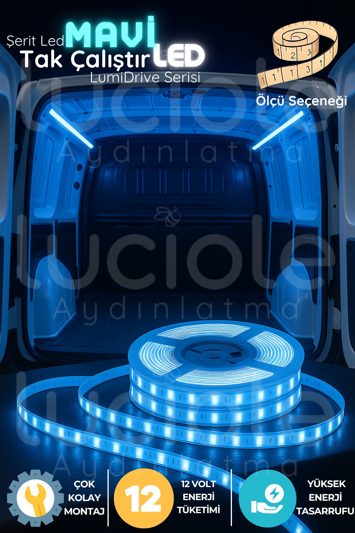 luciole LumiDrive 1m Mavi LED Şerit – 12V, 60 Çipli, 2835 SMD, Yapışkanlı, Kesilebilir, Bağlantıya Hazır